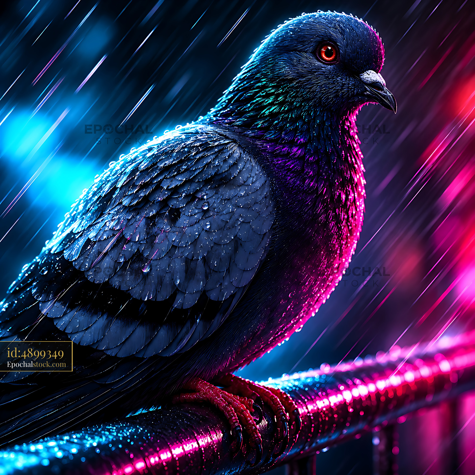 Watermarked full-resolution preview of Bird on a wet railing with colorful light background