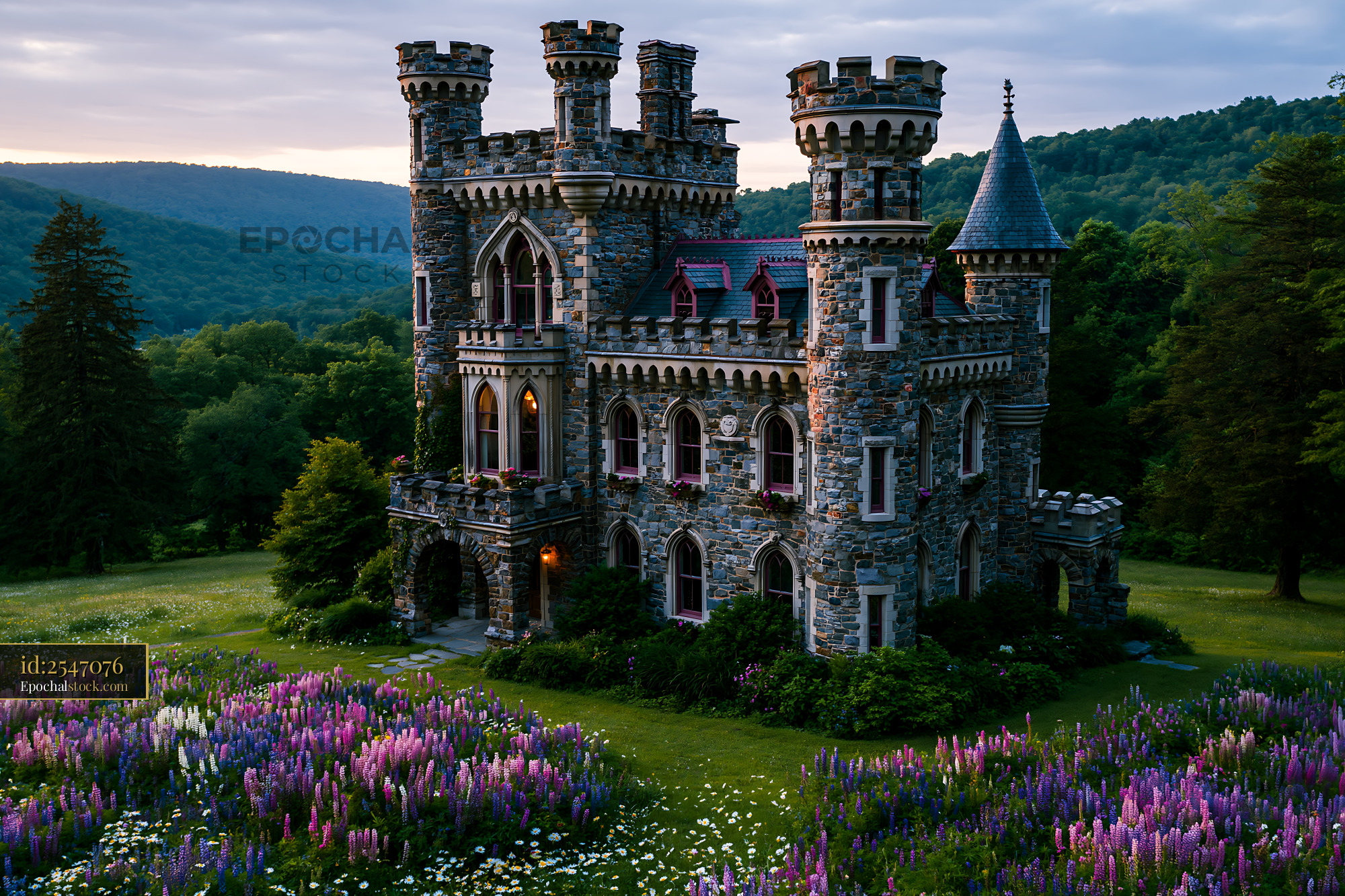 Watermarked full-resolution preview of Historic castle surrounded by flowers in a green landscape