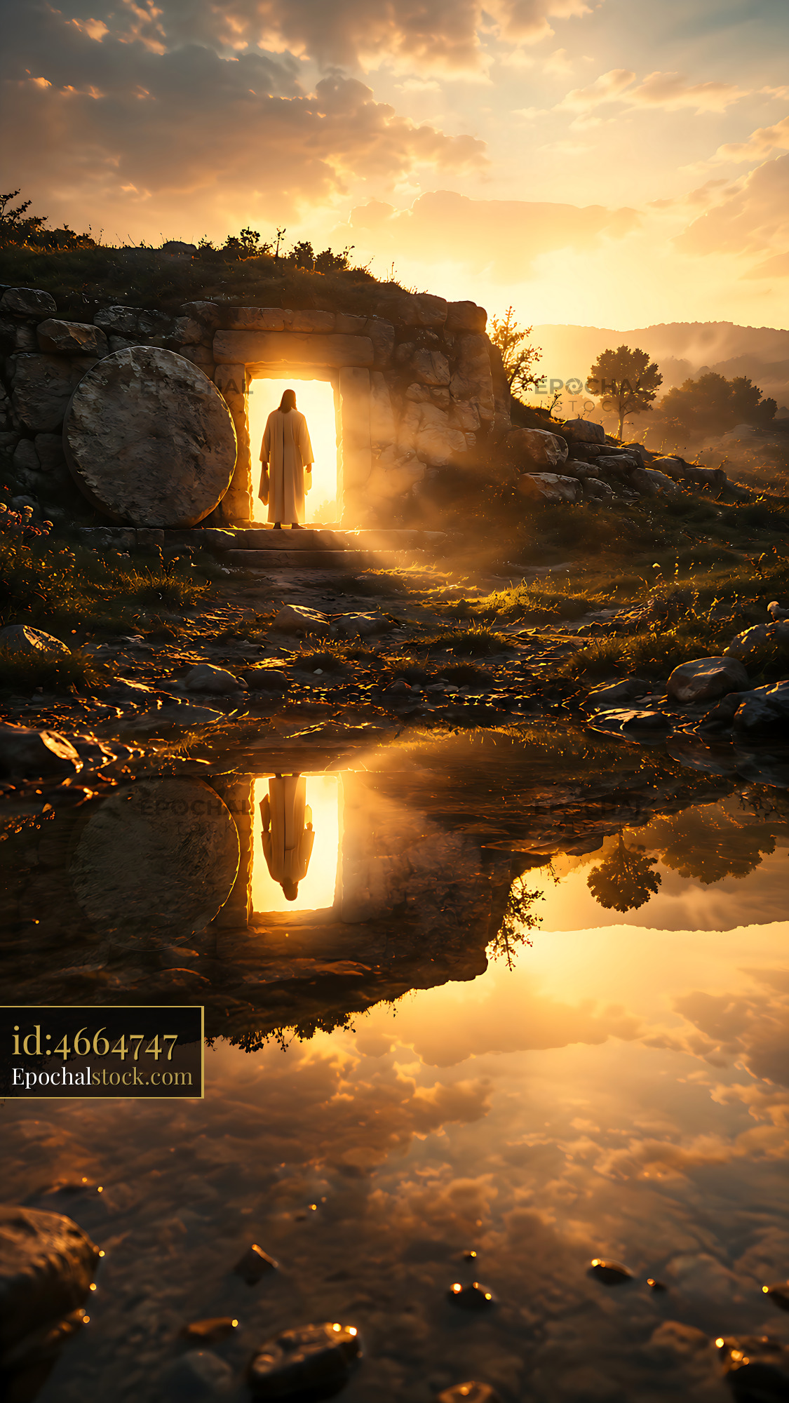Figure Stands at the Entrance of a Cave During Sunset Glow - stock photo