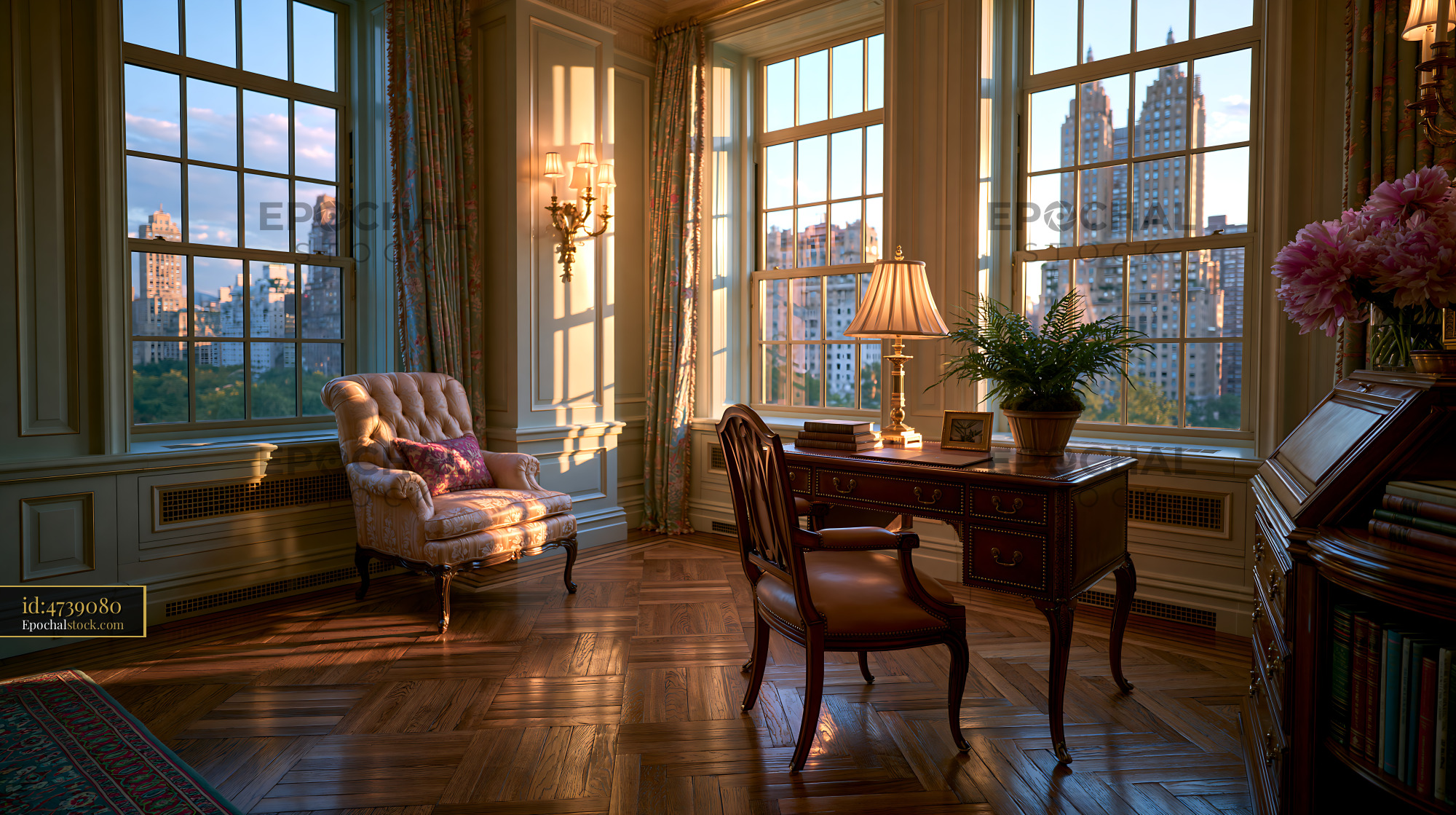 Watermarked full-resolution preview of Workspace with chair and desk in a room with large windows