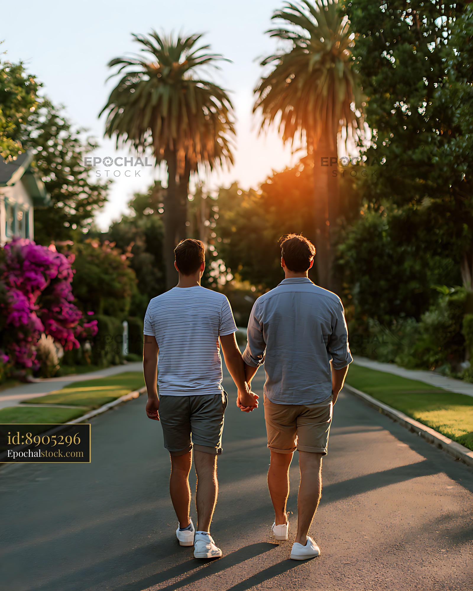 Watermarked full-resolution preview of Men walking hand in hand along a sunny garden path