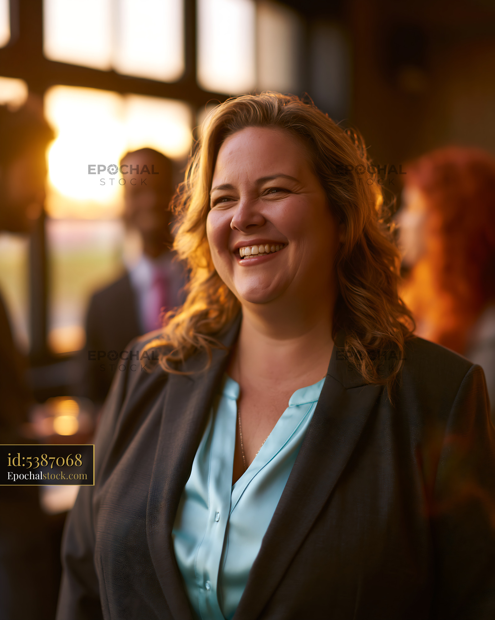 Watermarked full-resolution preview of Woman smiling in a gathering during sunset hours