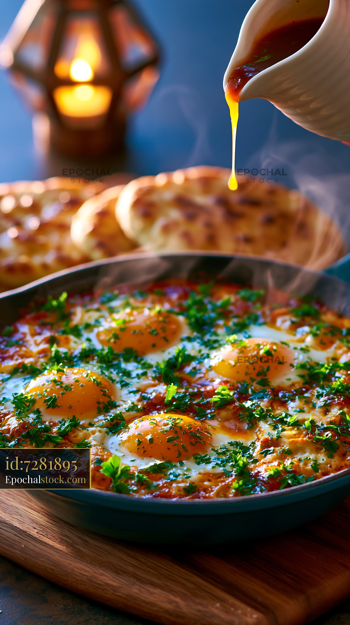 Watermarked full-resolution preview of Eggs cooking in a pan with bread and sauce on a table