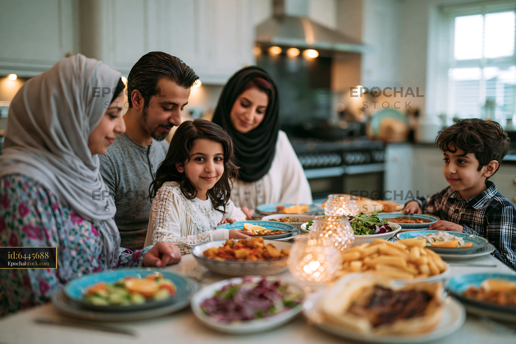 Watermarked full-resolution preview of Family gathering around a table for a home-cooked meal