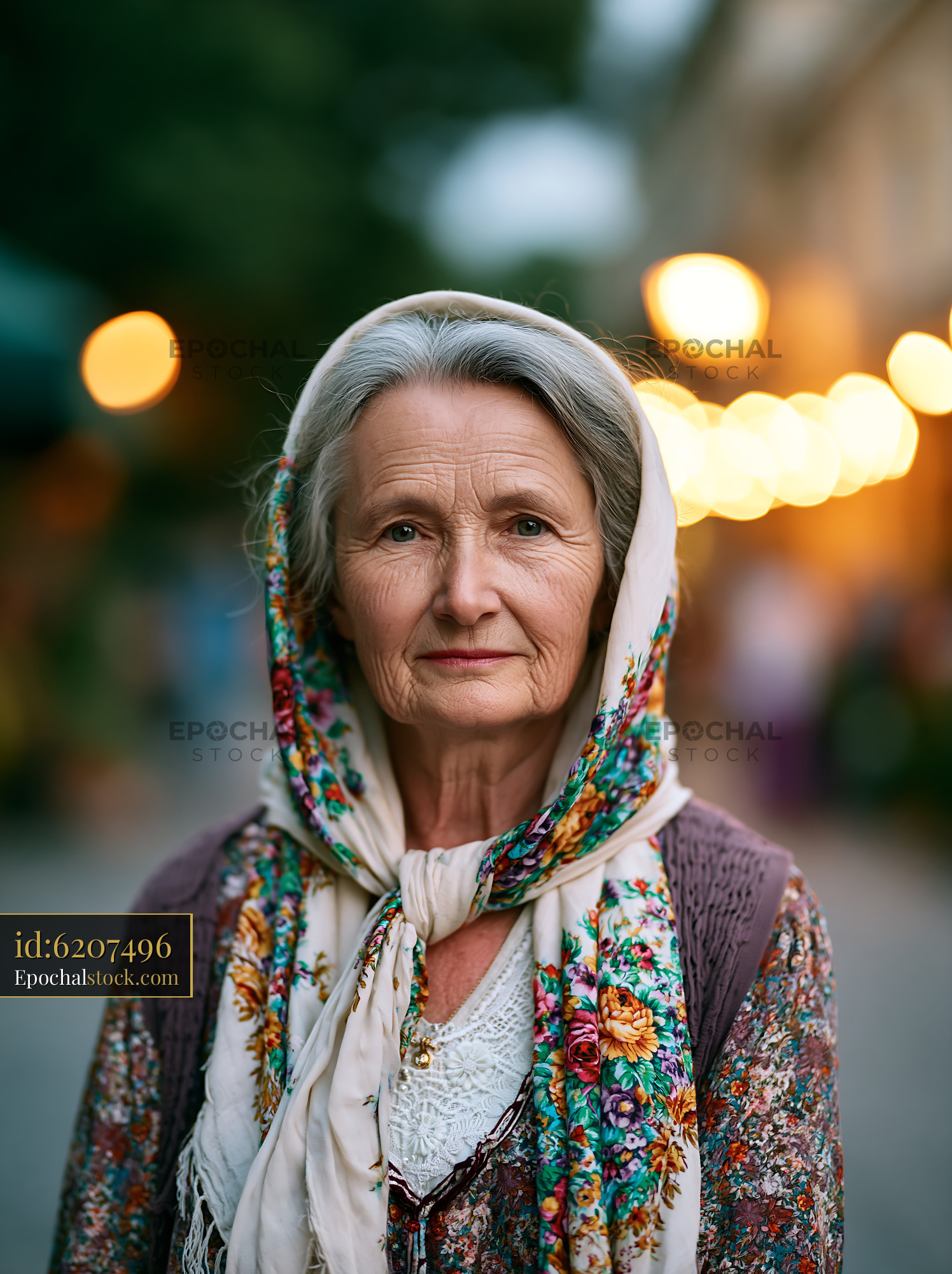 Watermarked full-resolution preview of Elderly woman wearing a headscarf stands outdoors at night