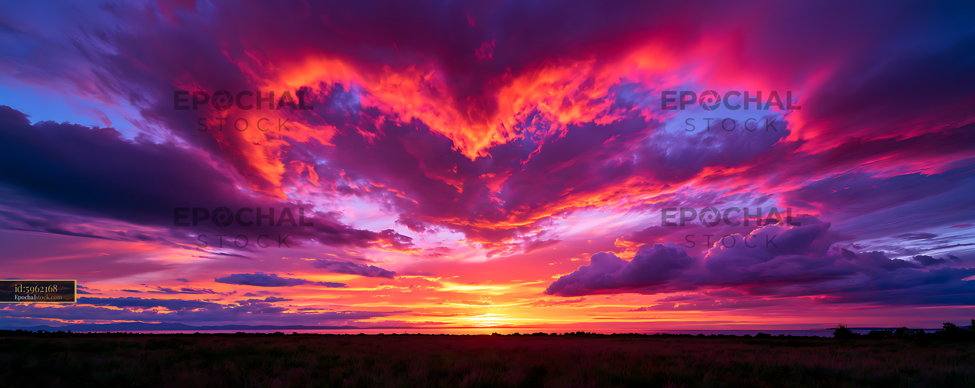 Watermarked full-resolution preview of Dramatic sunset with colorful clouds over an open landscape