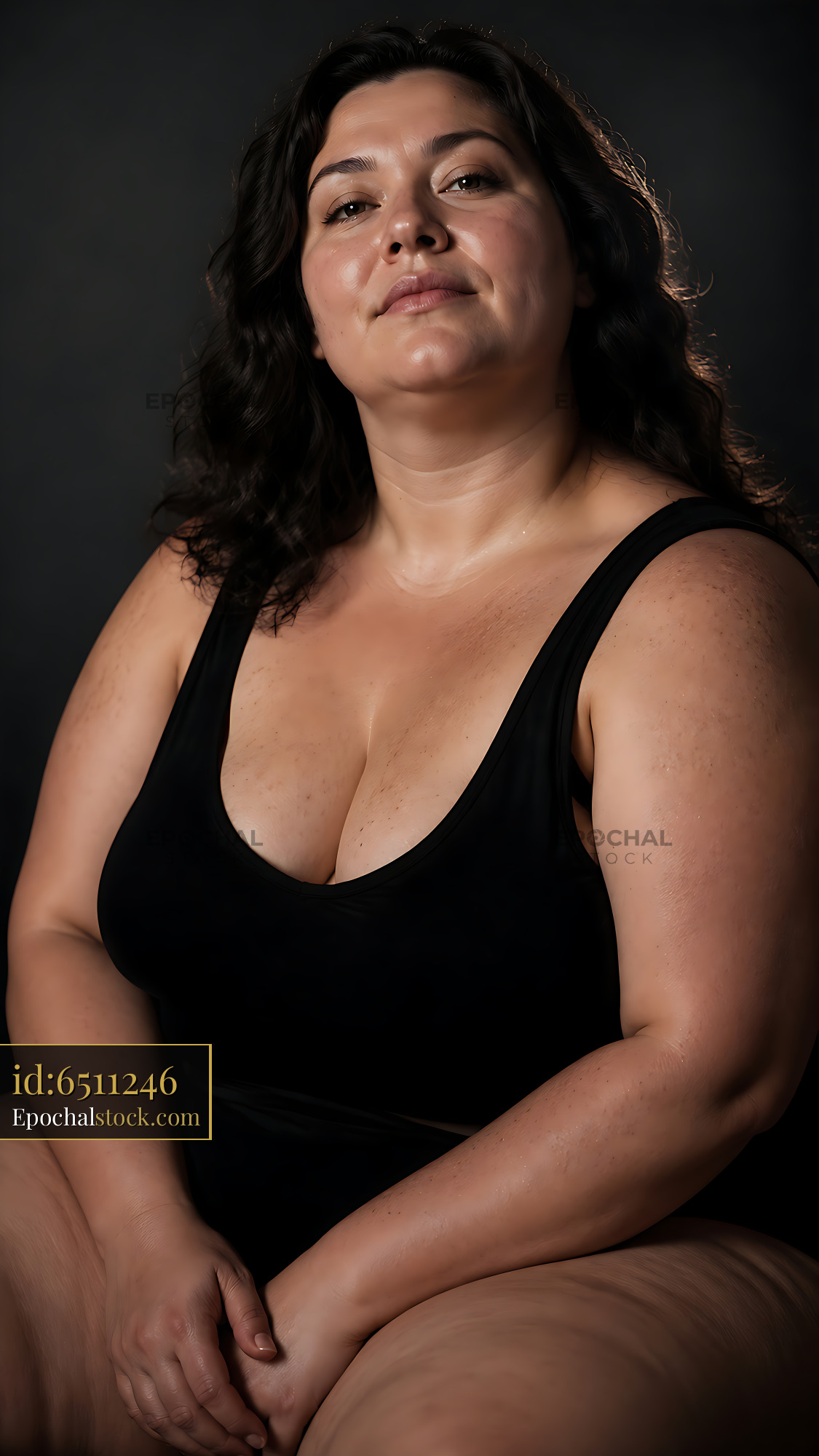 Watermarked full-resolution preview of Portrait of a woman with dark hair seated against a dark background