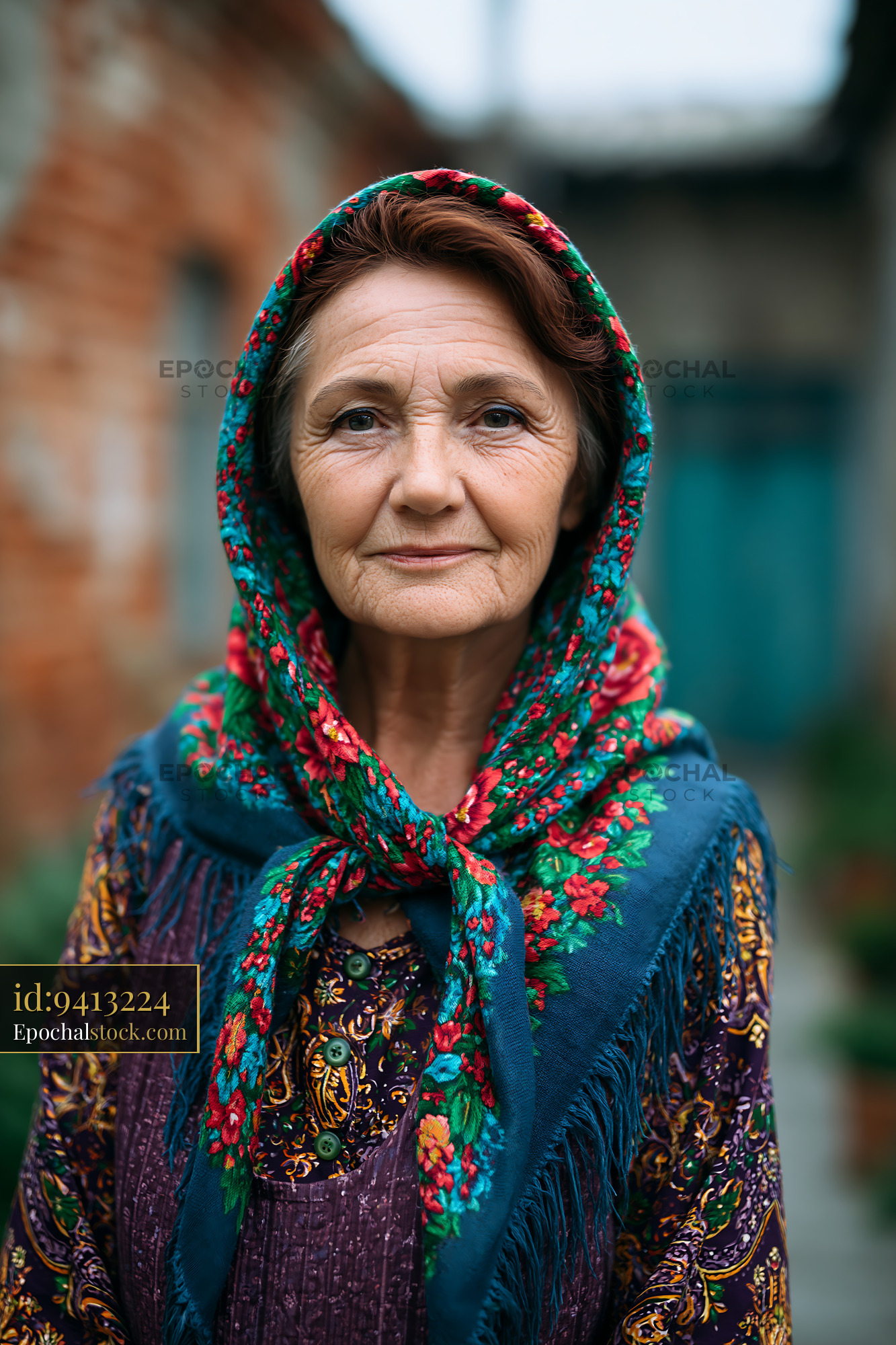 Watermarked full-resolution preview of Elderly woman wearing a colorful headscarf in an outdoor setting