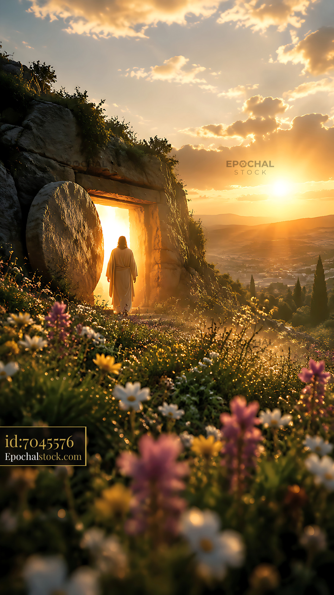 Watermarked full-resolution preview of Resurrection scene at sunrise with flowers in the foreground
