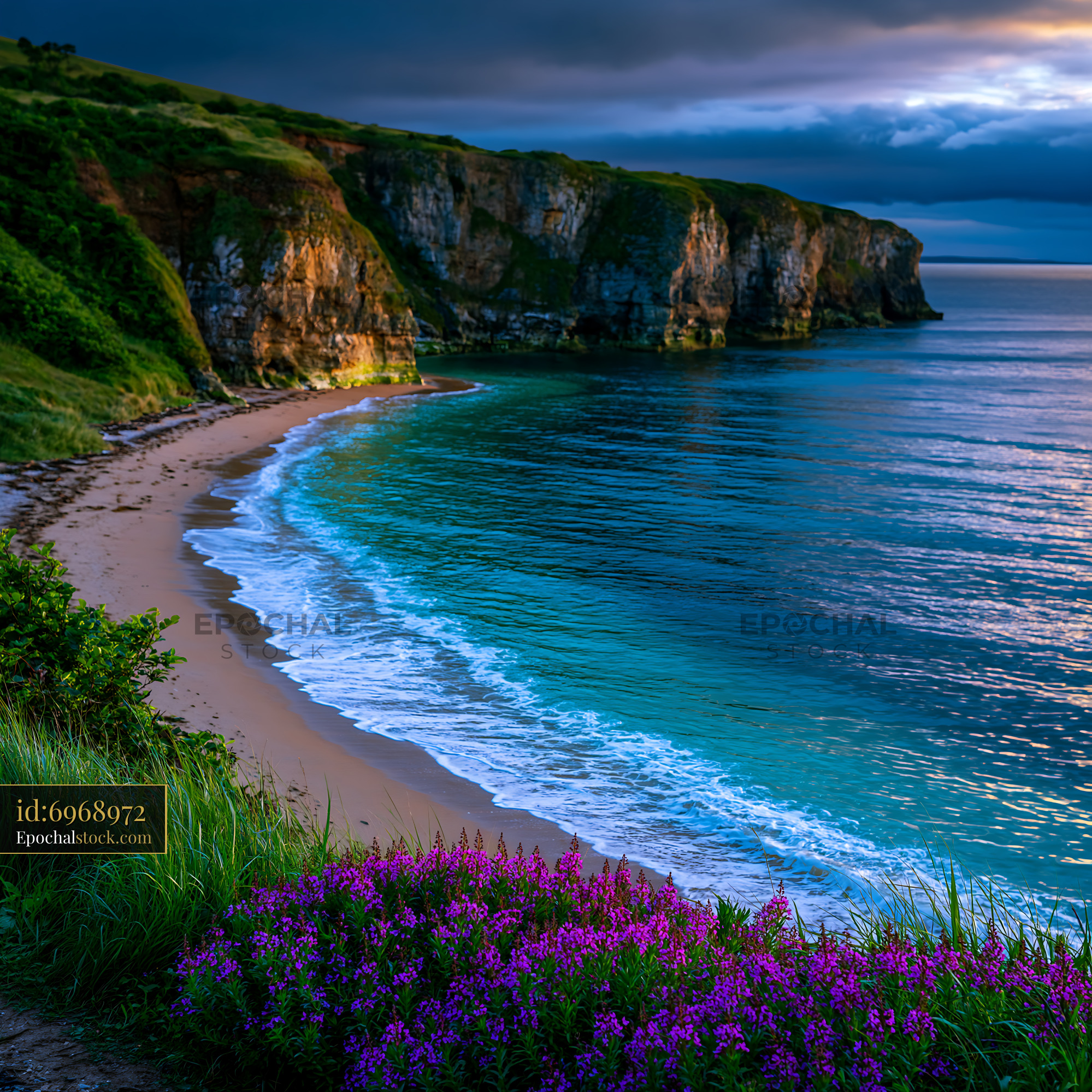 Watermarked full-resolution preview of Coastal view with cliffs, beach, and flowers in nature setting