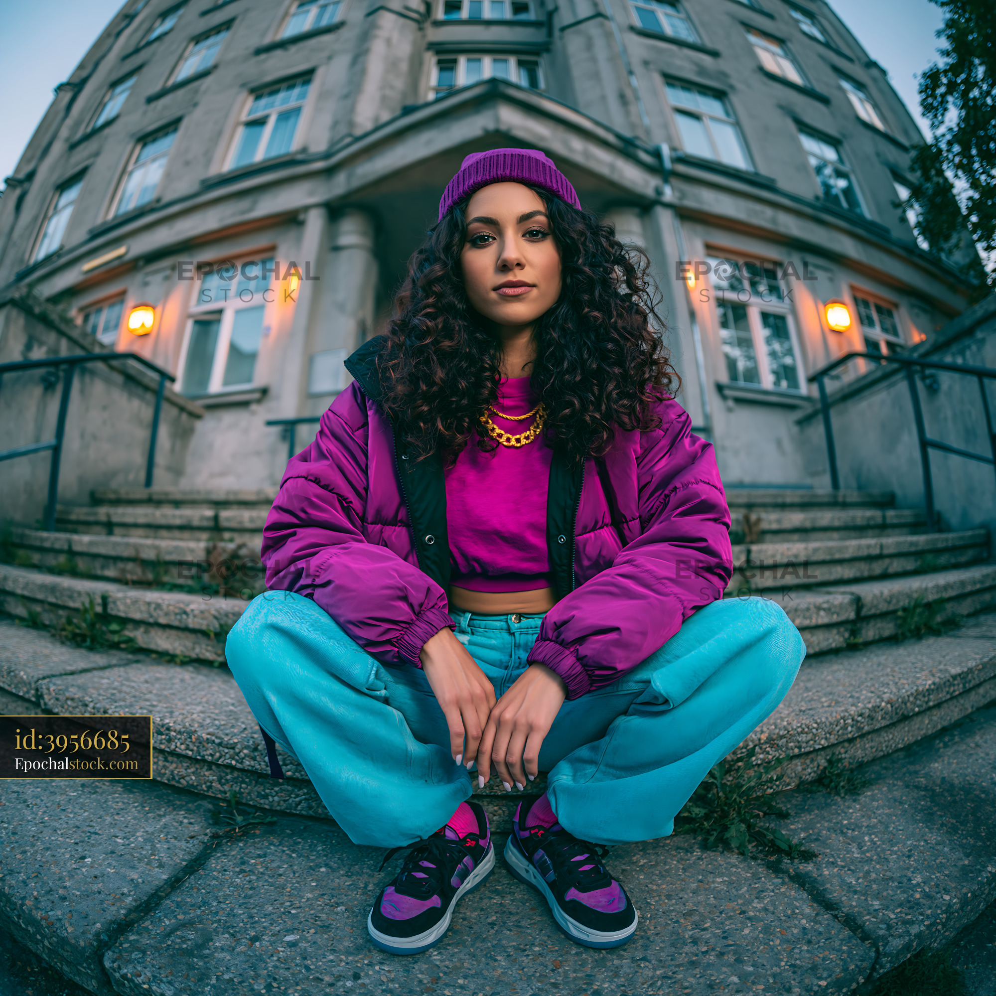 Watermarked full-resolution preview of Young woman sitting on steps in colorful outfit