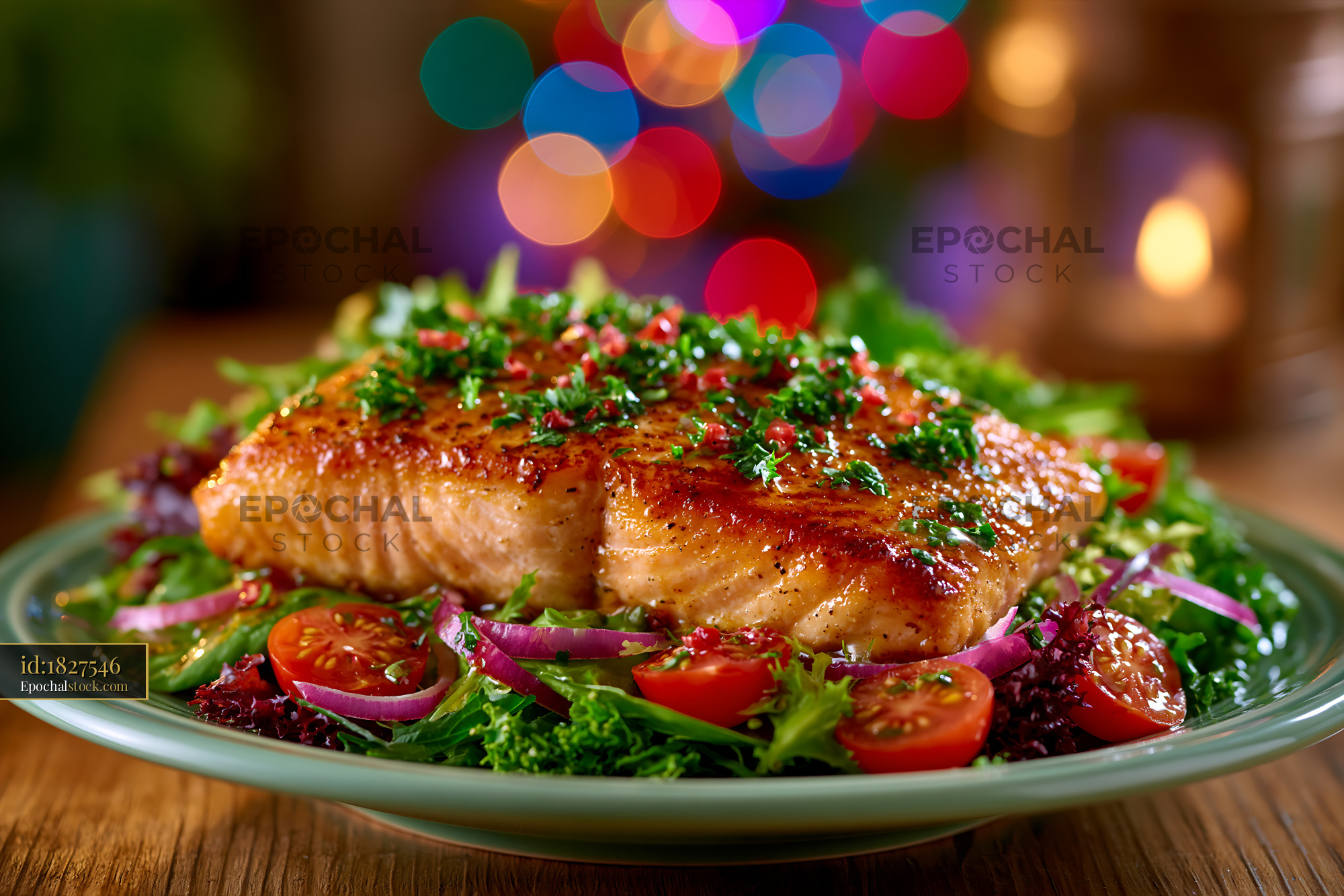 Watermarked full-resolution preview of Grilled salmon on salad with colorful lights in background