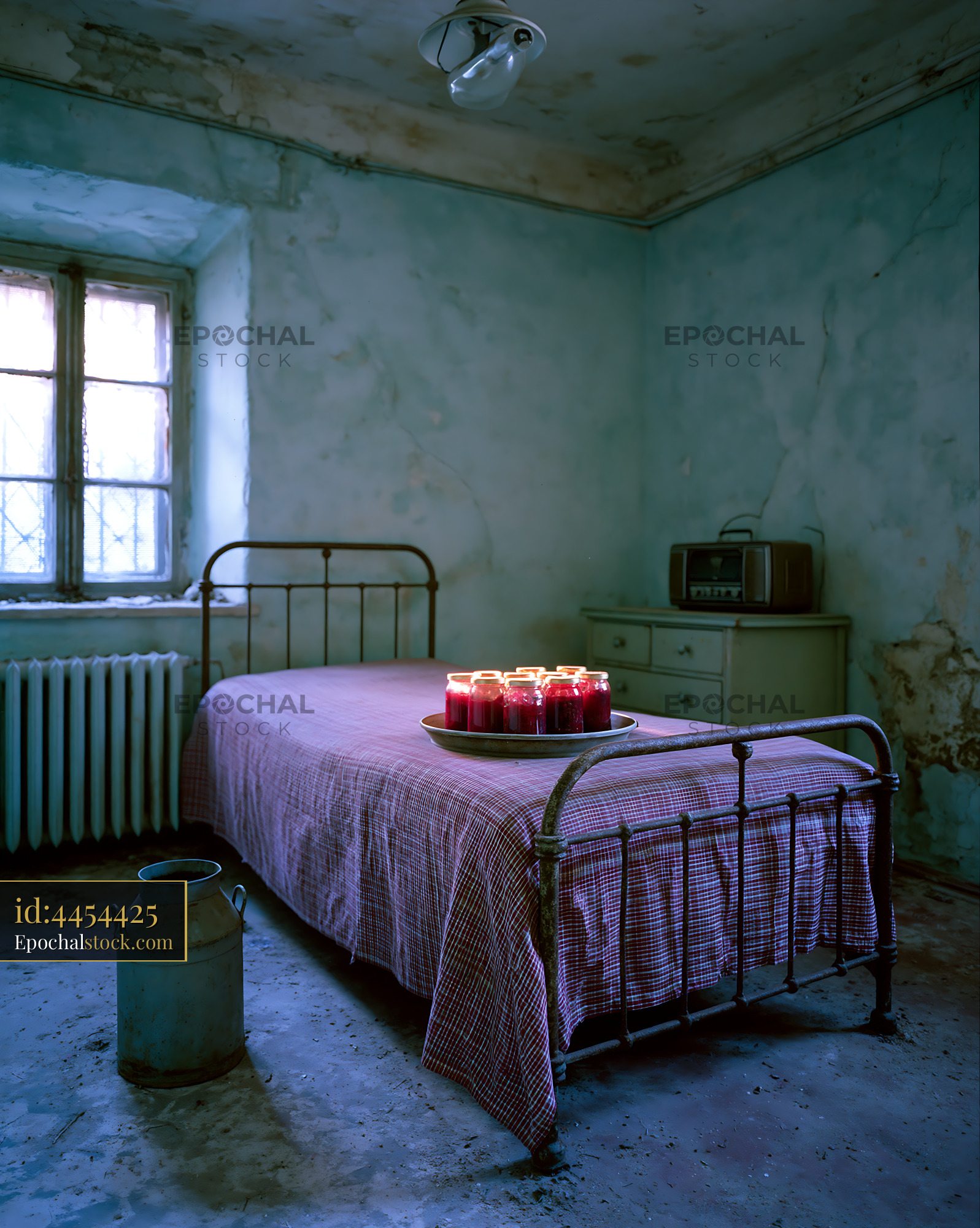Watermarked full-resolution preview of Old bedroom with a bed, candles, and rustic decor