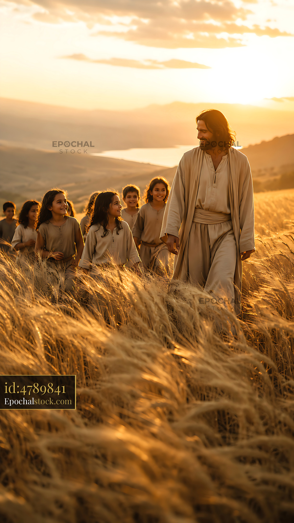 Watermarked full-resolution preview of Walking through golden fields at sunset with children