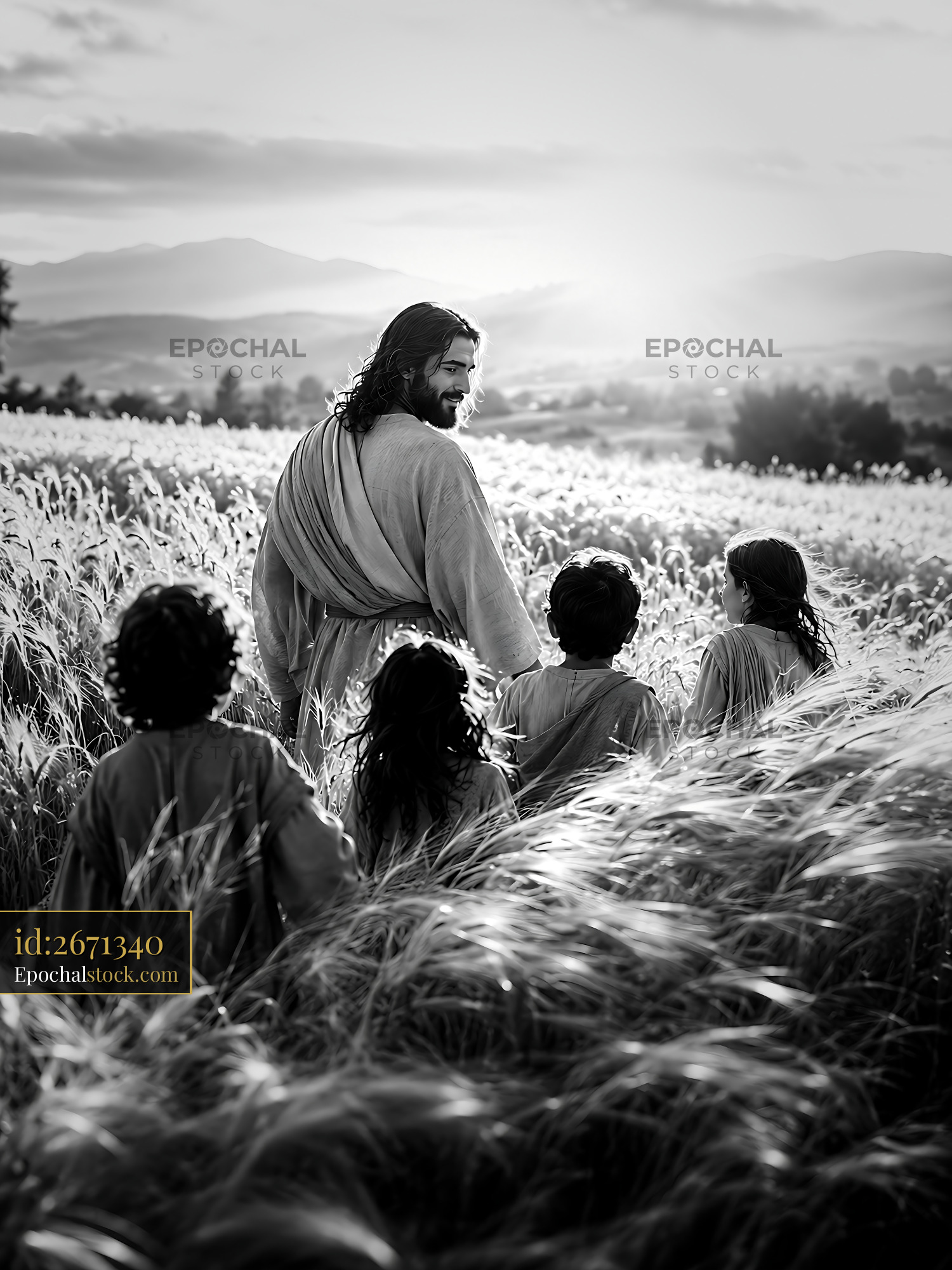 Watermarked full-resolution preview of Walking through a field with children at sunset