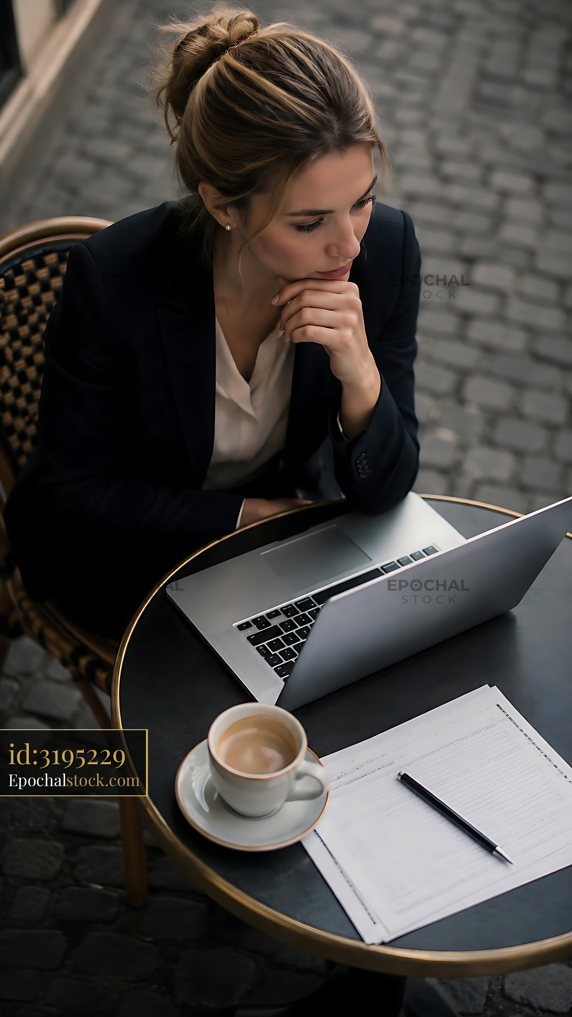 Watermarked full-resolution preview of Businesswoman working on laptop at outdoor cafe