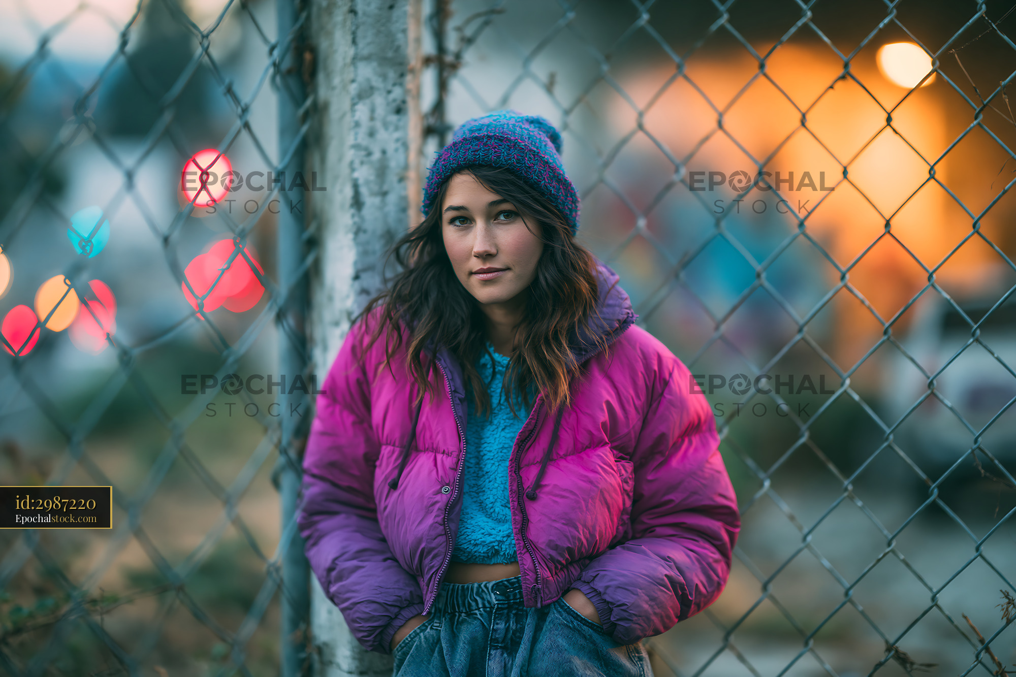 Watermarked full-resolution preview of Young woman in colorful jacket posing near fence at sunset