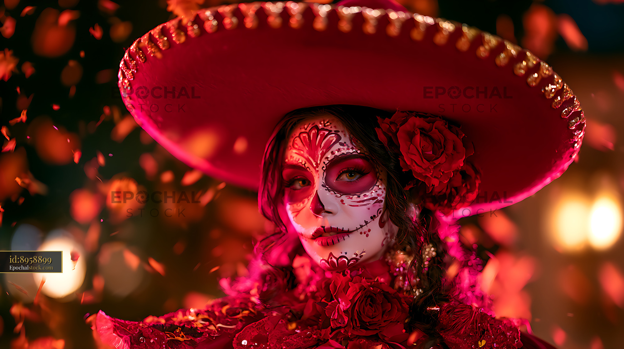 Watermarked full-resolution preview of Woman with skull-inspired face paint and red floral costume