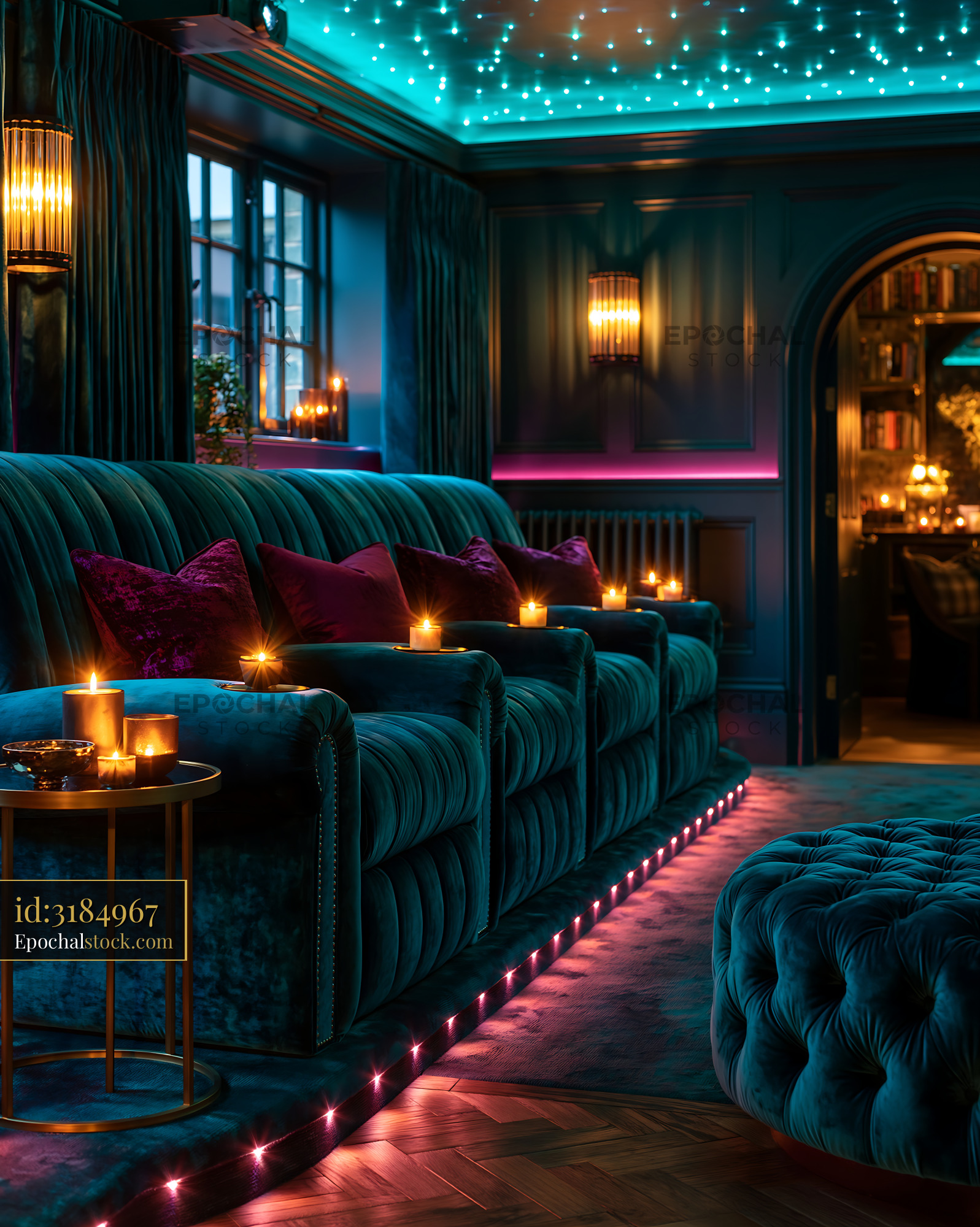 Watermarked full-resolution preview of Cozy living room with teal sofas and warm candlelight