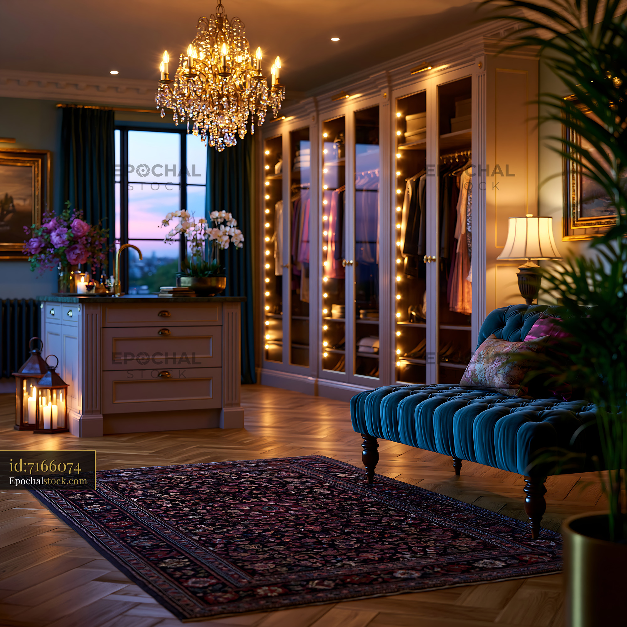 Watermarked full-resolution preview of Elegant room with stylish furniture and warm lighting at dusk