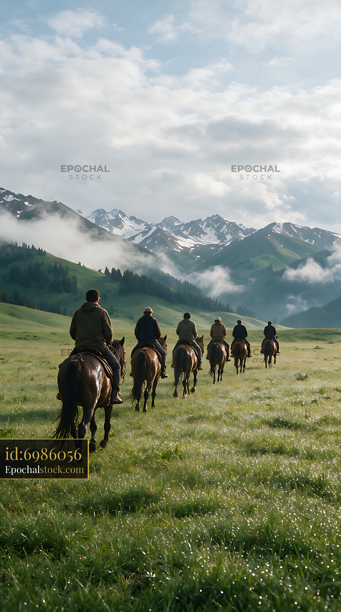 Watermarked full-resolution preview of Horse riders crossing a mountain meadow