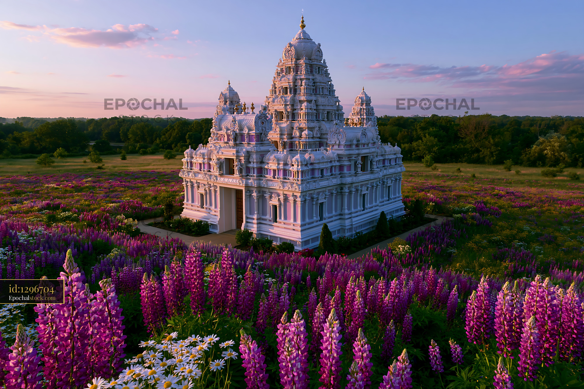 Watermarked full-resolution preview of Temple surrounded by blooming flowers at sunset