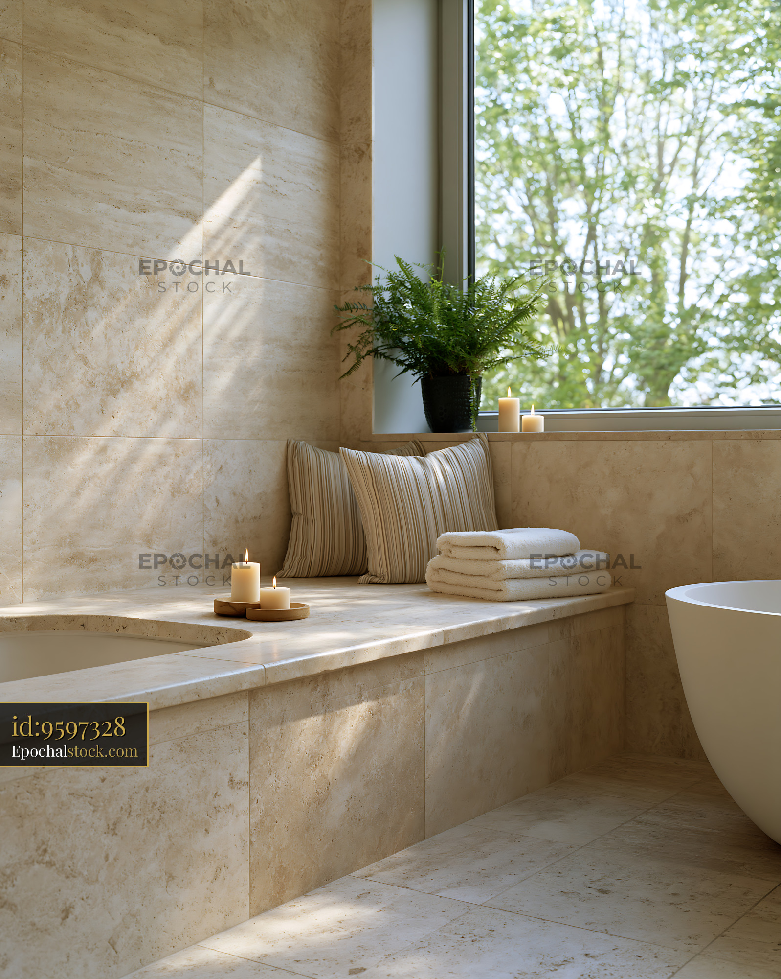Watermarked full-resolution preview of Modern bathroom with natural light and decorative elements