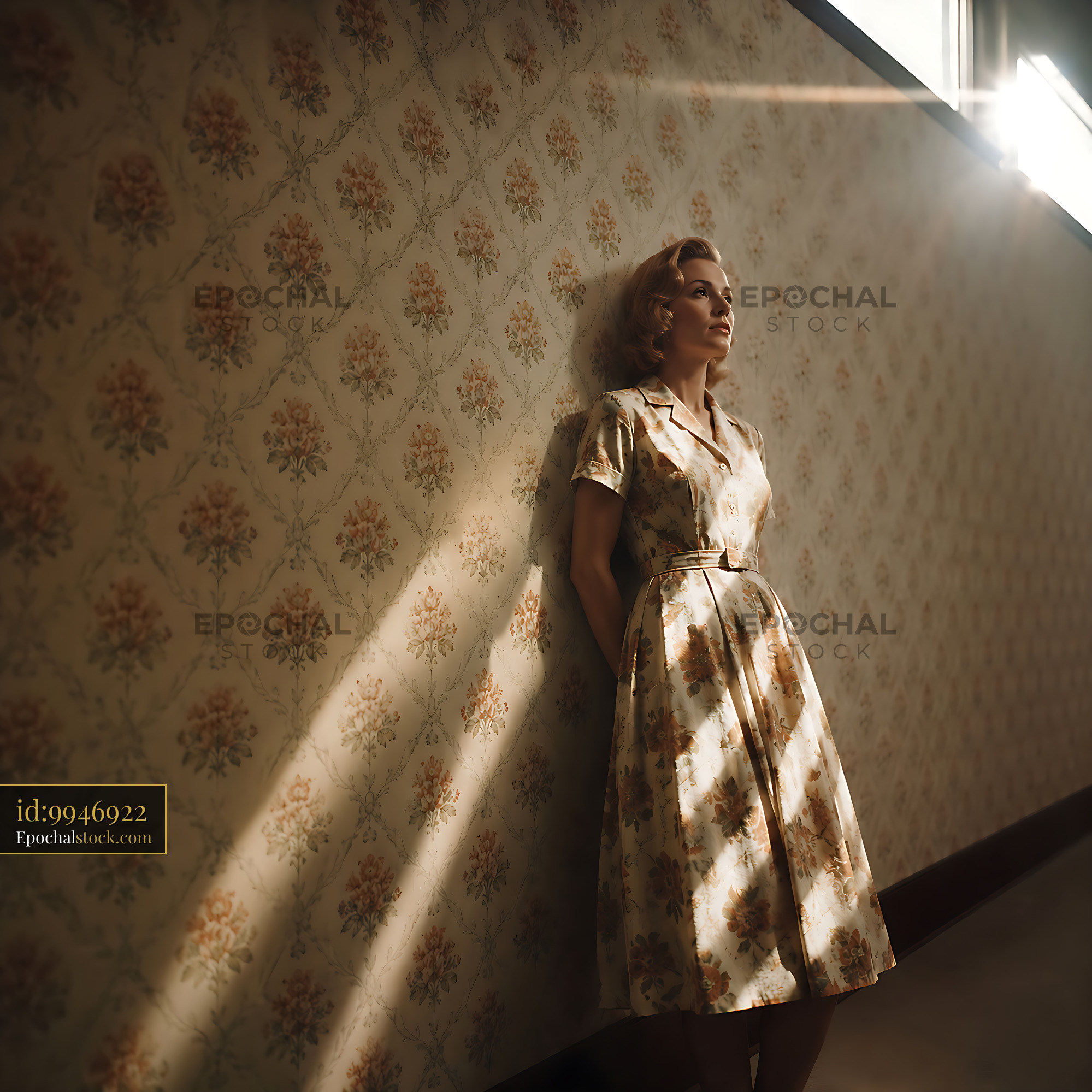 Watermarked full-resolution preview of Woman in vintage dress stands against floral wallpaper
