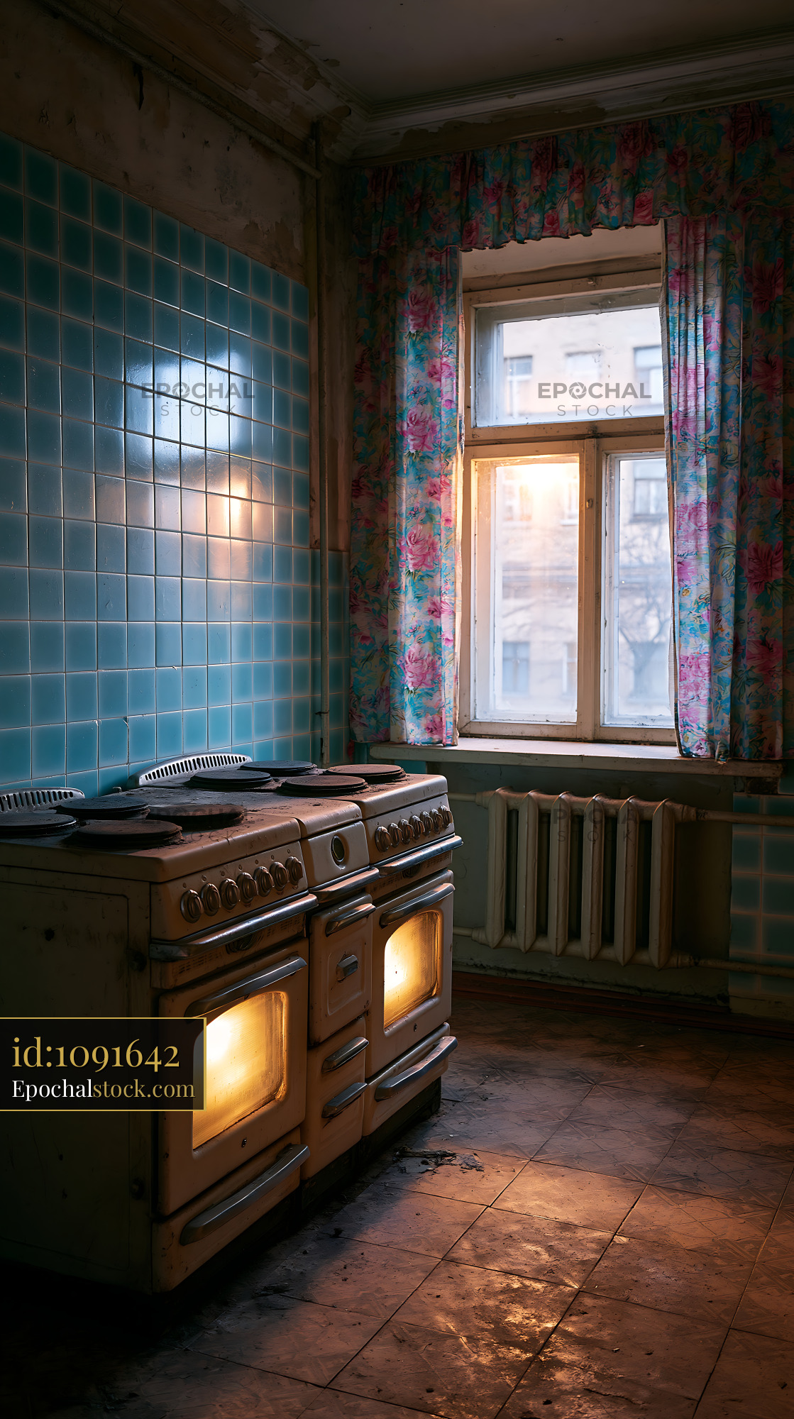 Watermarked full-resolution preview of Old kitchen with vintage stove and blue tiled wall