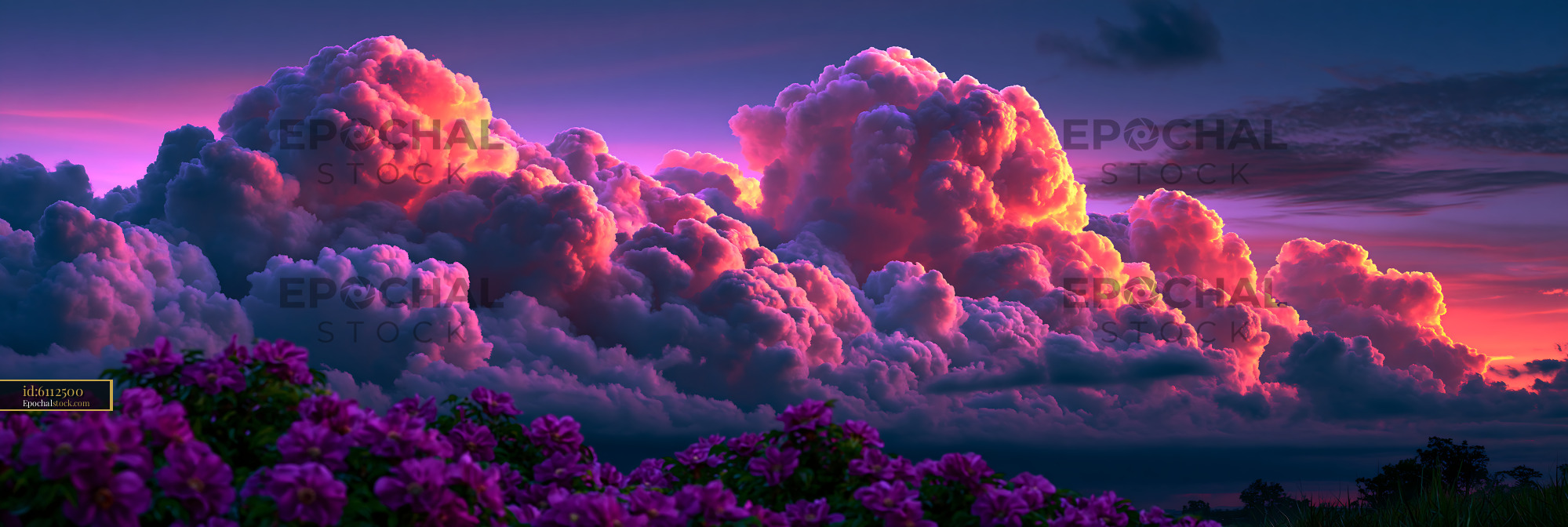 Watermarked full-resolution preview of Colorful storm clouds and purple flowers at sunset