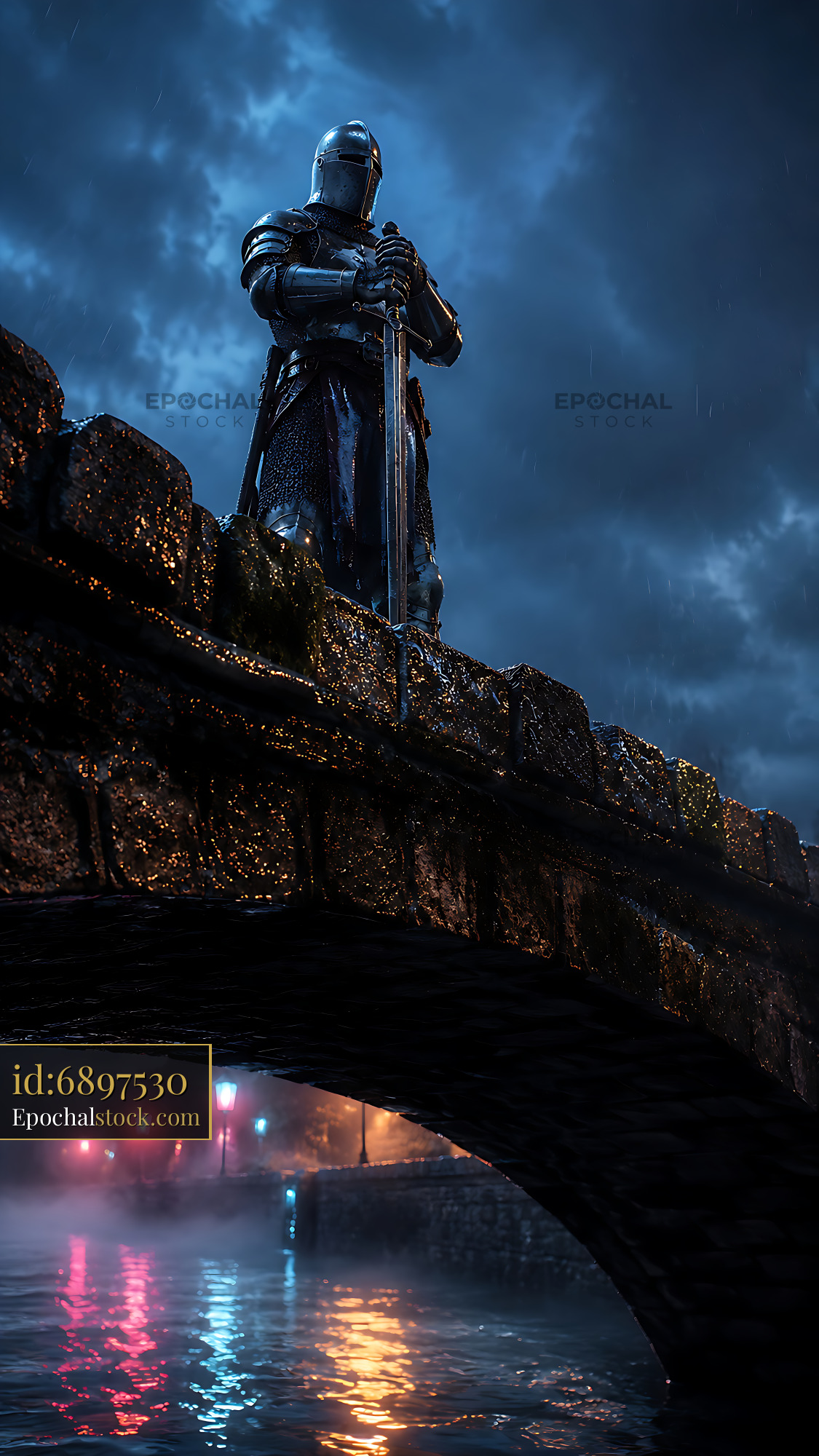 Watermarked full-resolution preview of Knight standing on a bridge in the rain at night