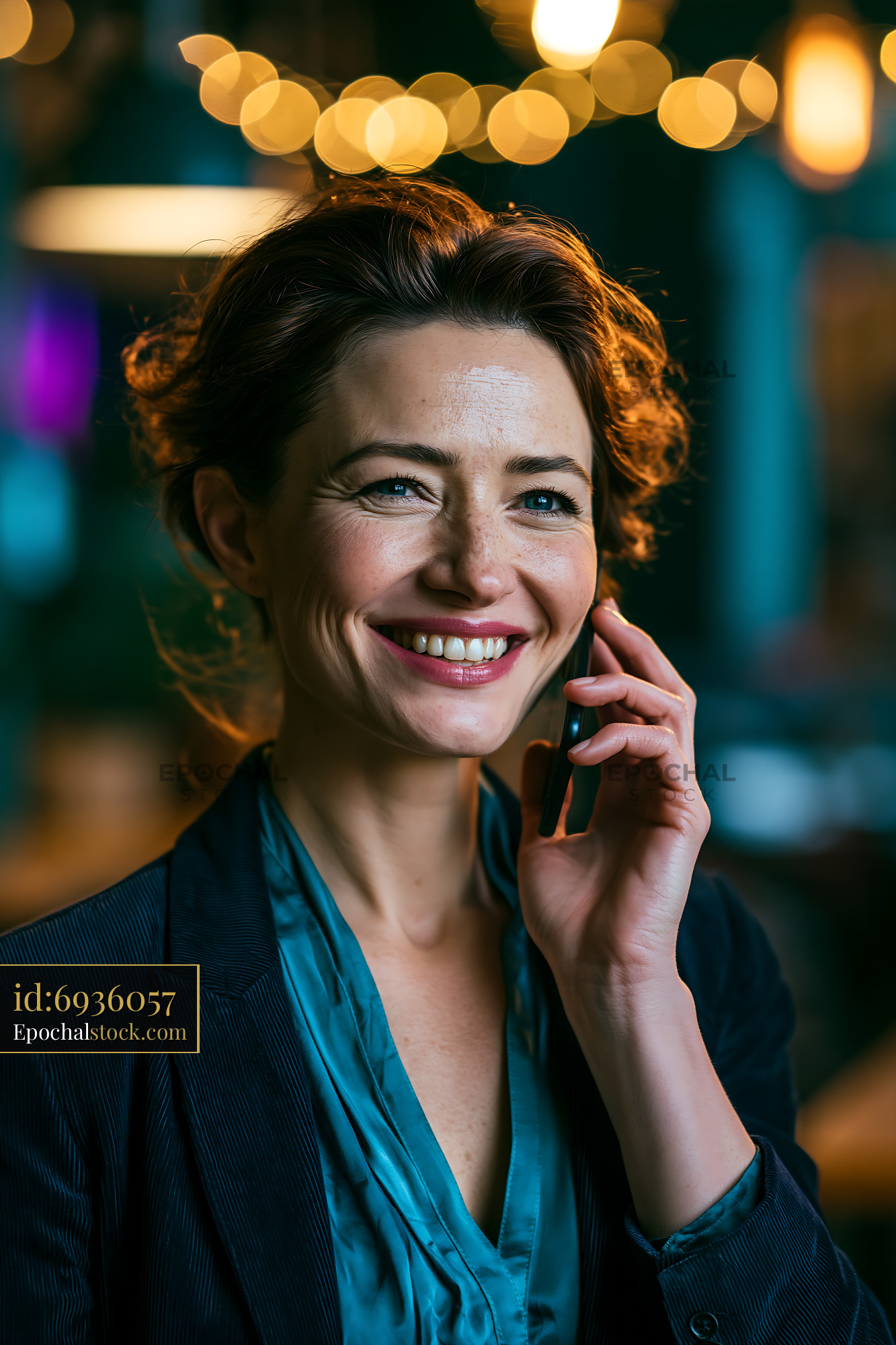 Watermarked full-resolution preview of Woman talking on the phone in a cafe setting