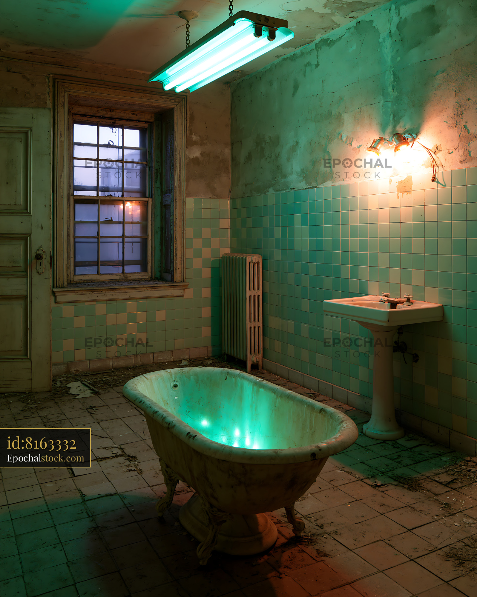 Watermarked full-resolution preview of Abandoned bathroom with green light and vintage bathtub