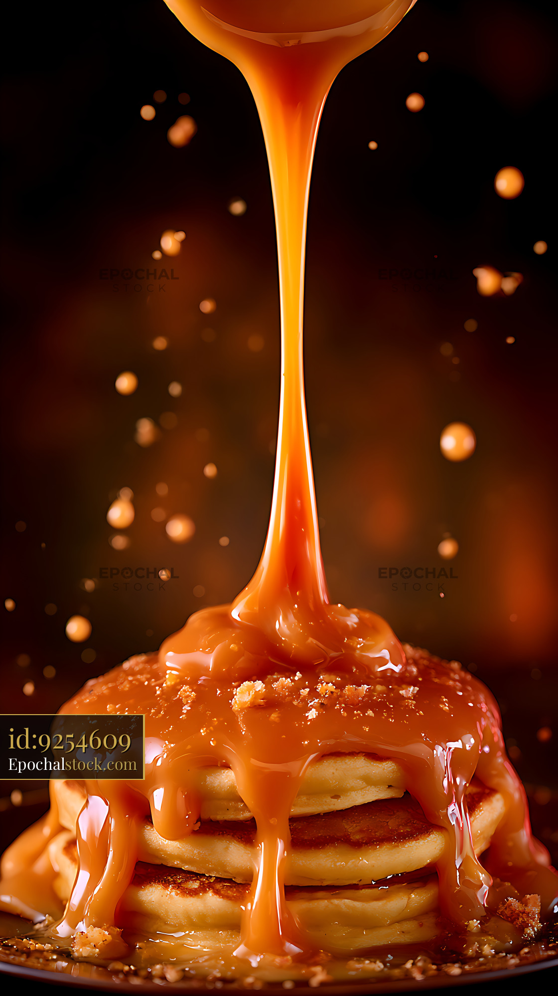Watermarked full-resolution preview of Pancakes topped with caramel sauce on a dark plate