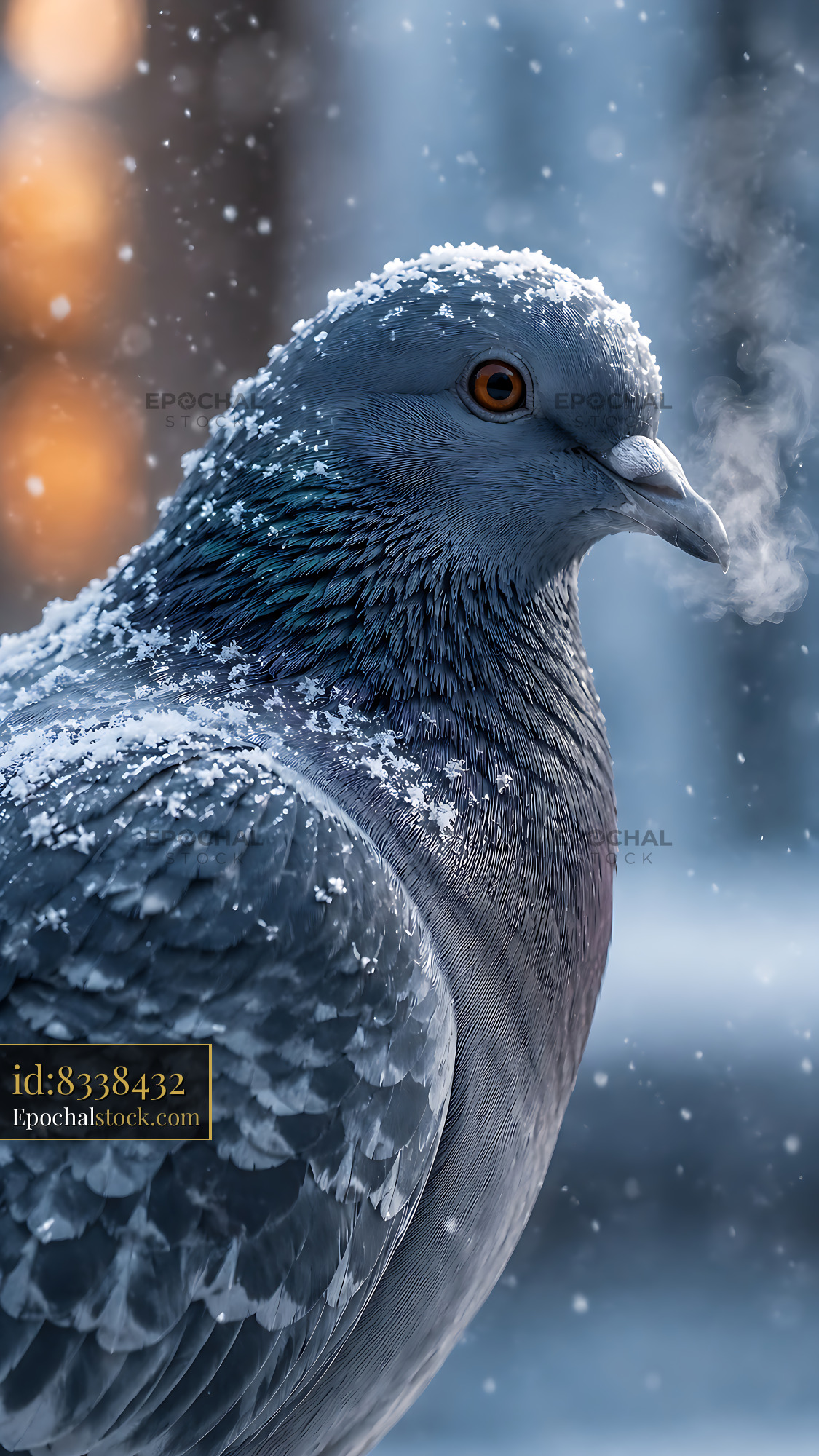 Watermarked full-resolution preview of Pigeon with snow on feathers in winter setting
