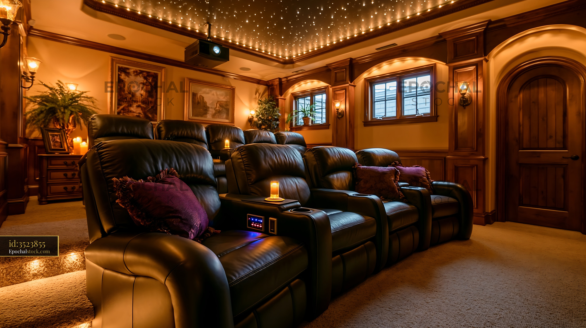 Watermarked full-resolution preview of Home theater with leather seating and projector screen