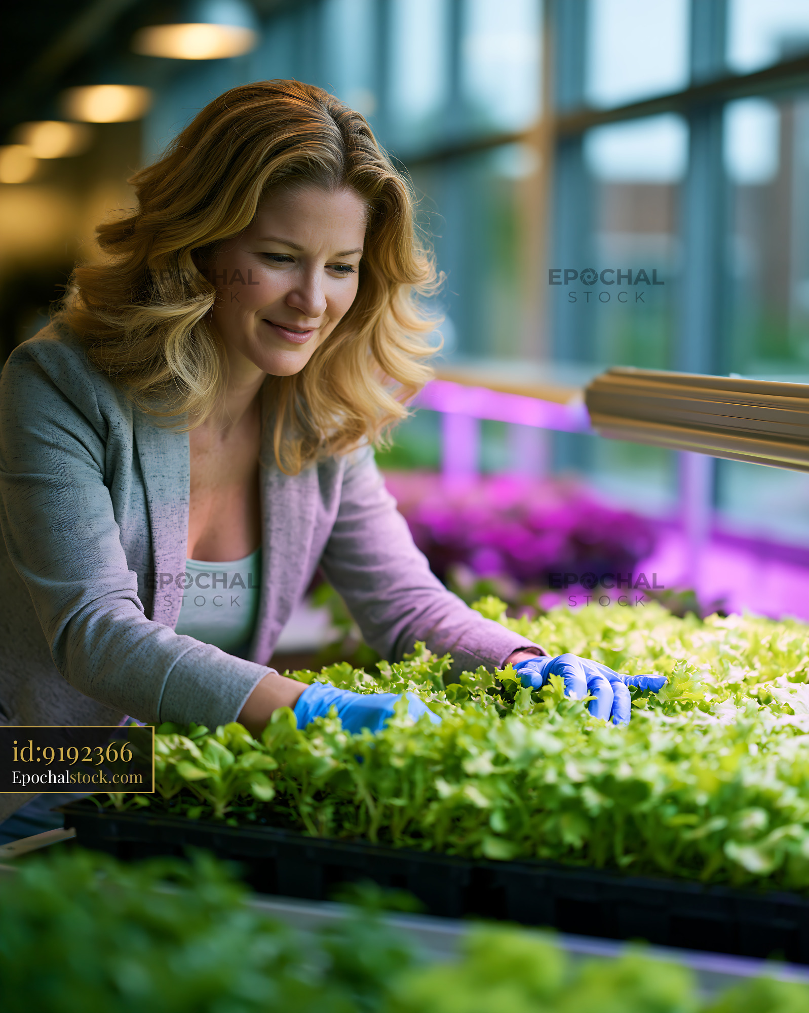 Watermarked full-resolution preview of Woman tending to plants in indoor garden setup