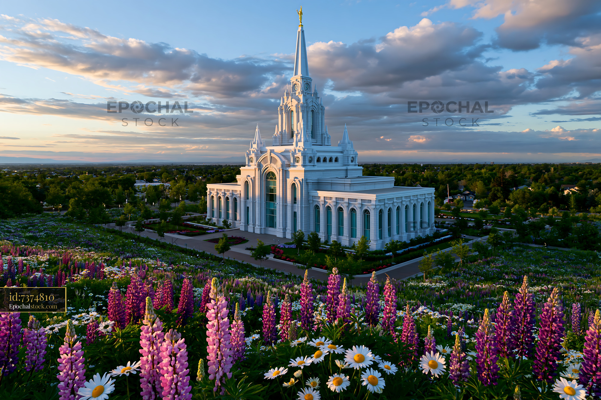 Watermarked full-resolution preview of Colorful flowers in front of a large temple under a cloudy sky