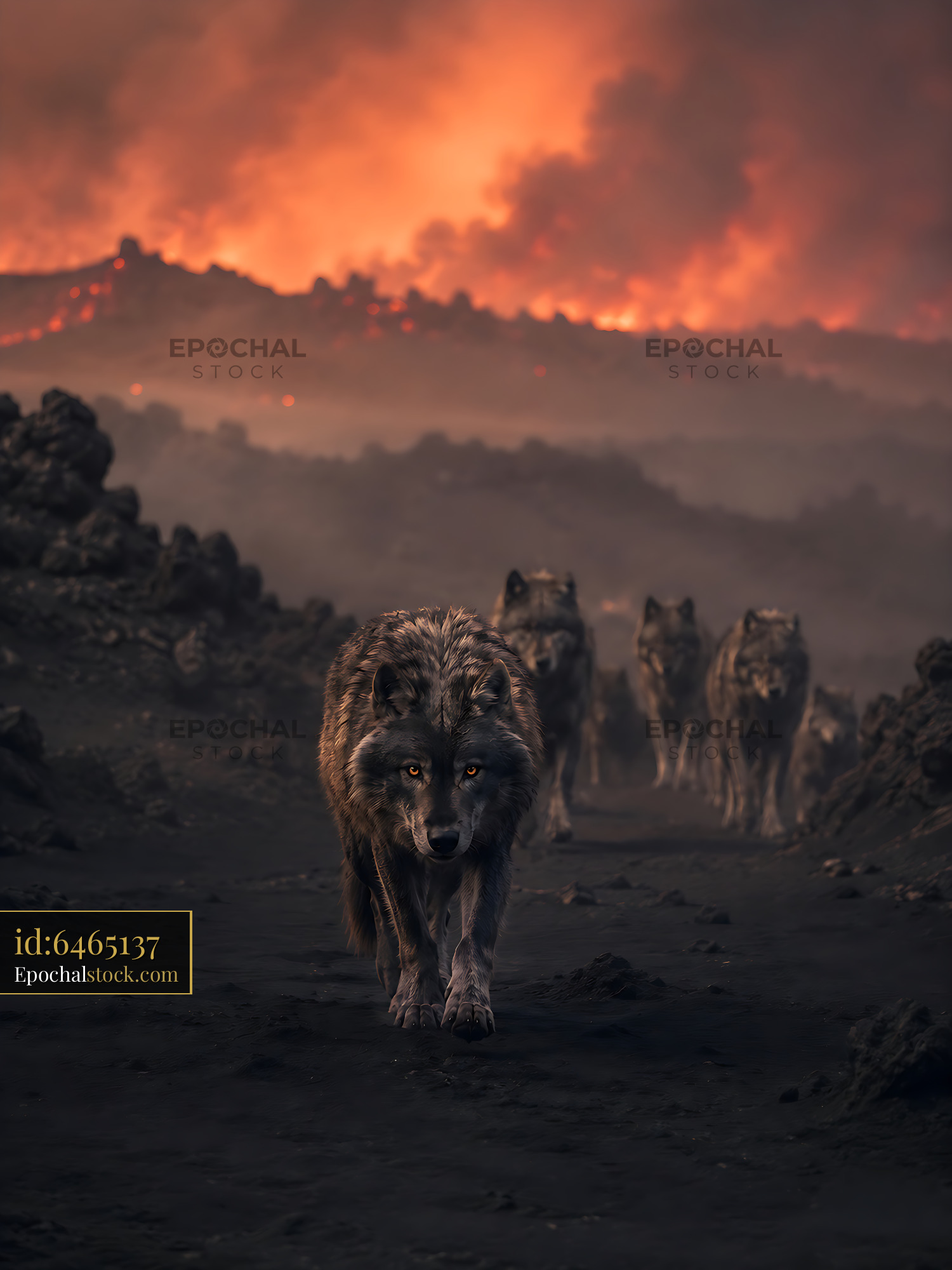 Watermarked full-resolution preview of Wolves walking through volcanic landscape during dramatic sunset