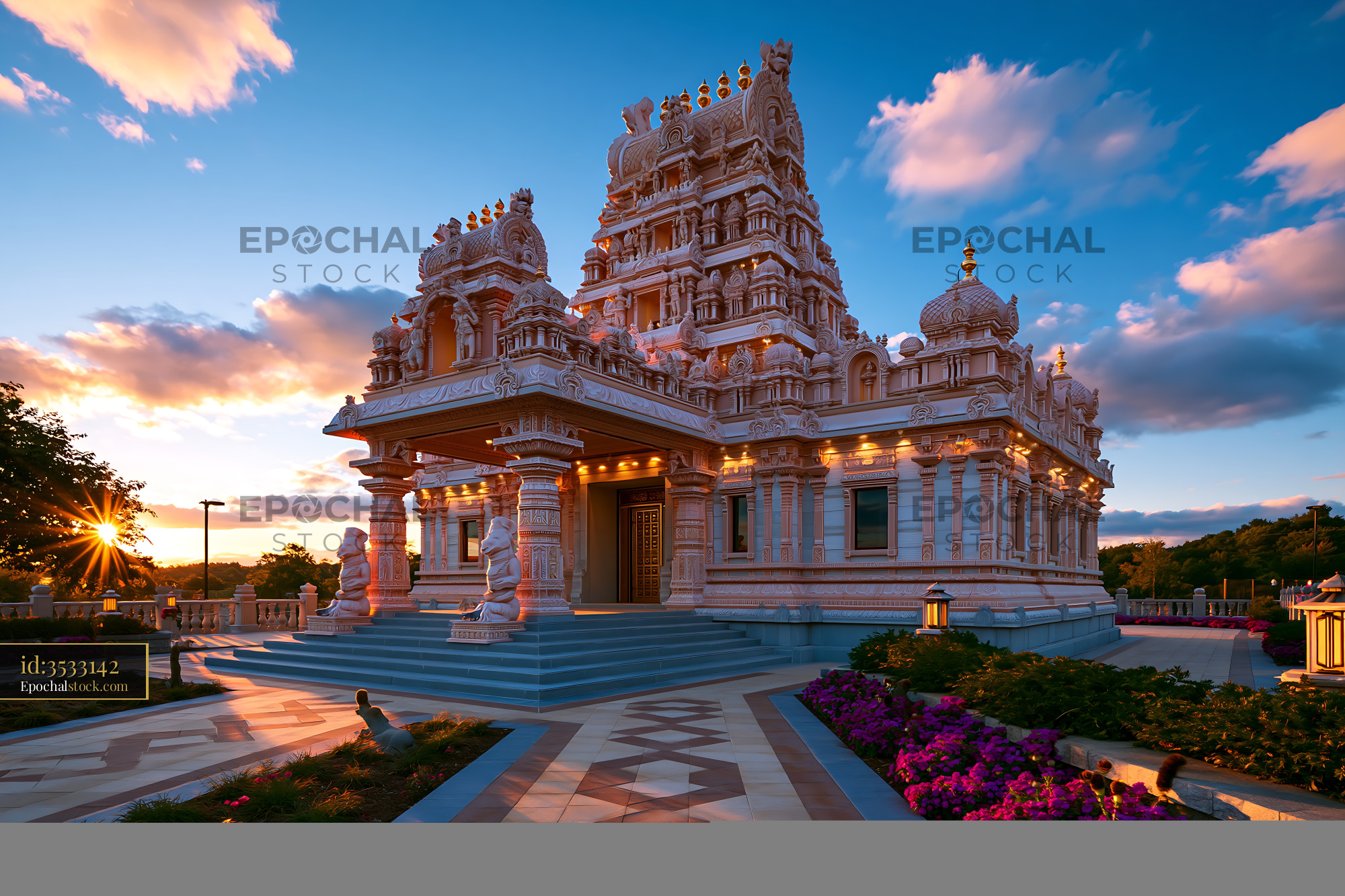 Watermarked full-resolution preview of Hindu temple with intricate architecture under sunset sky