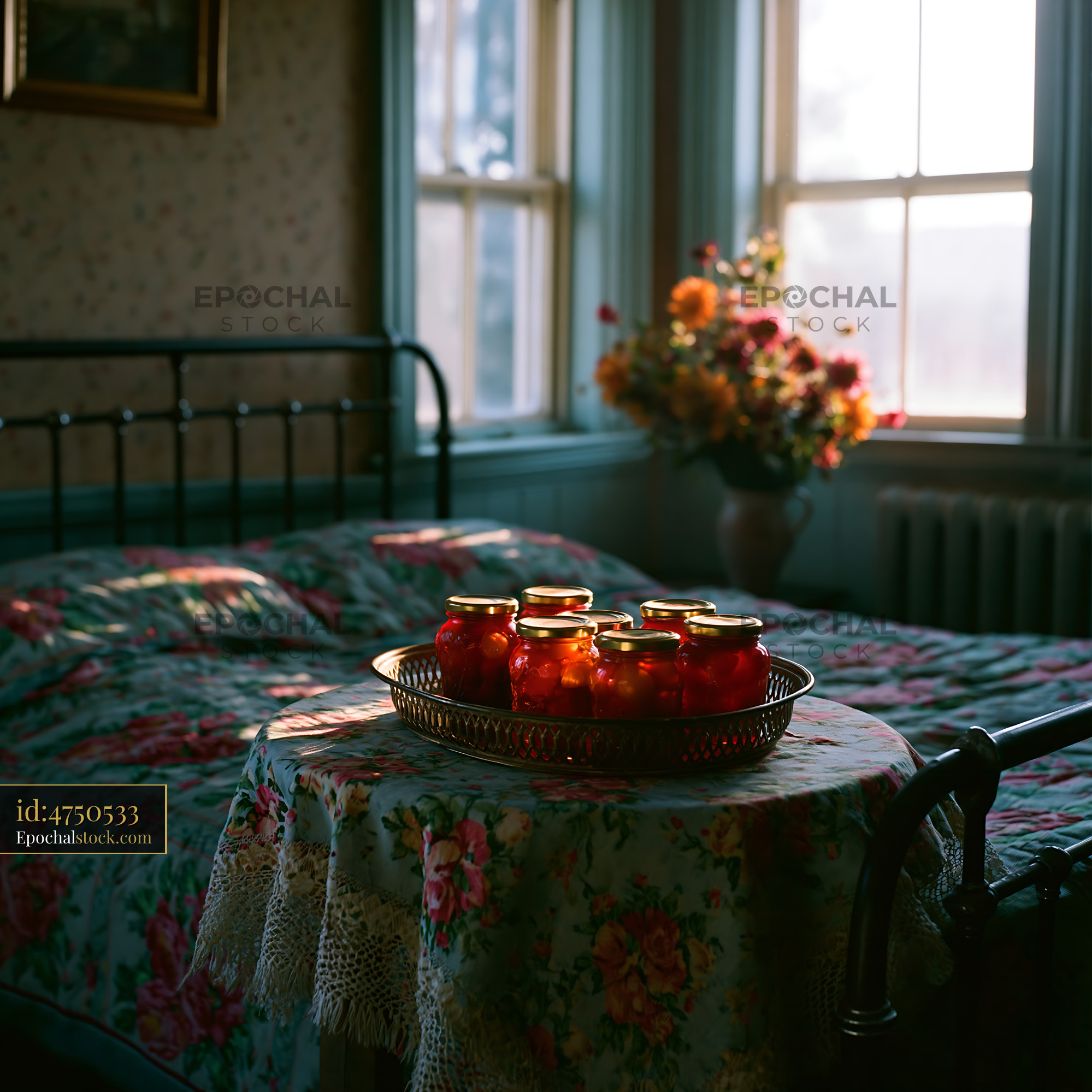Rural Bedroom With Iron Frame Bed and Jars on Table at Sunset - stock photo