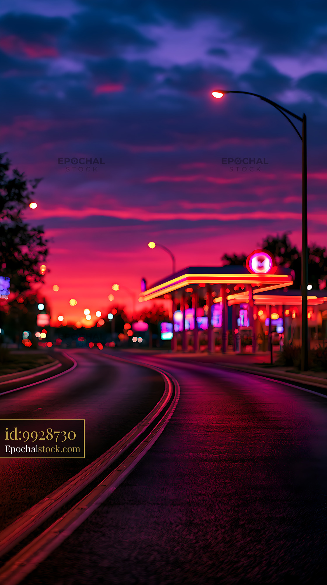Watermarked full-resolution preview of Colorful twilight road with illuminated gas station