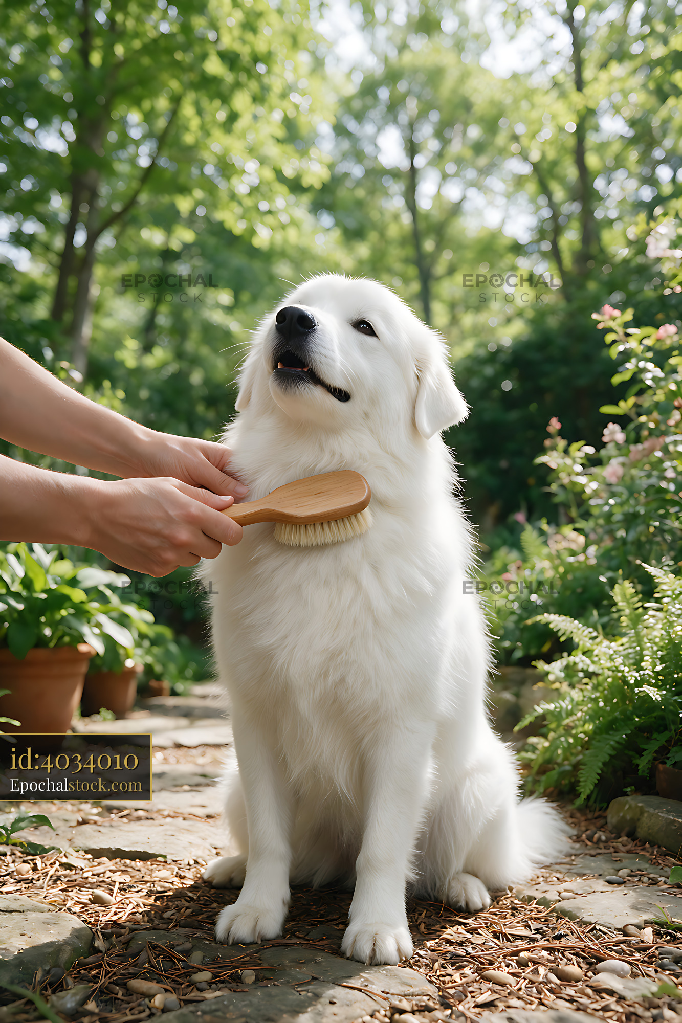 Watermarked full-resolution preview of Long-haired white dog receiving a grooming brush outdoors