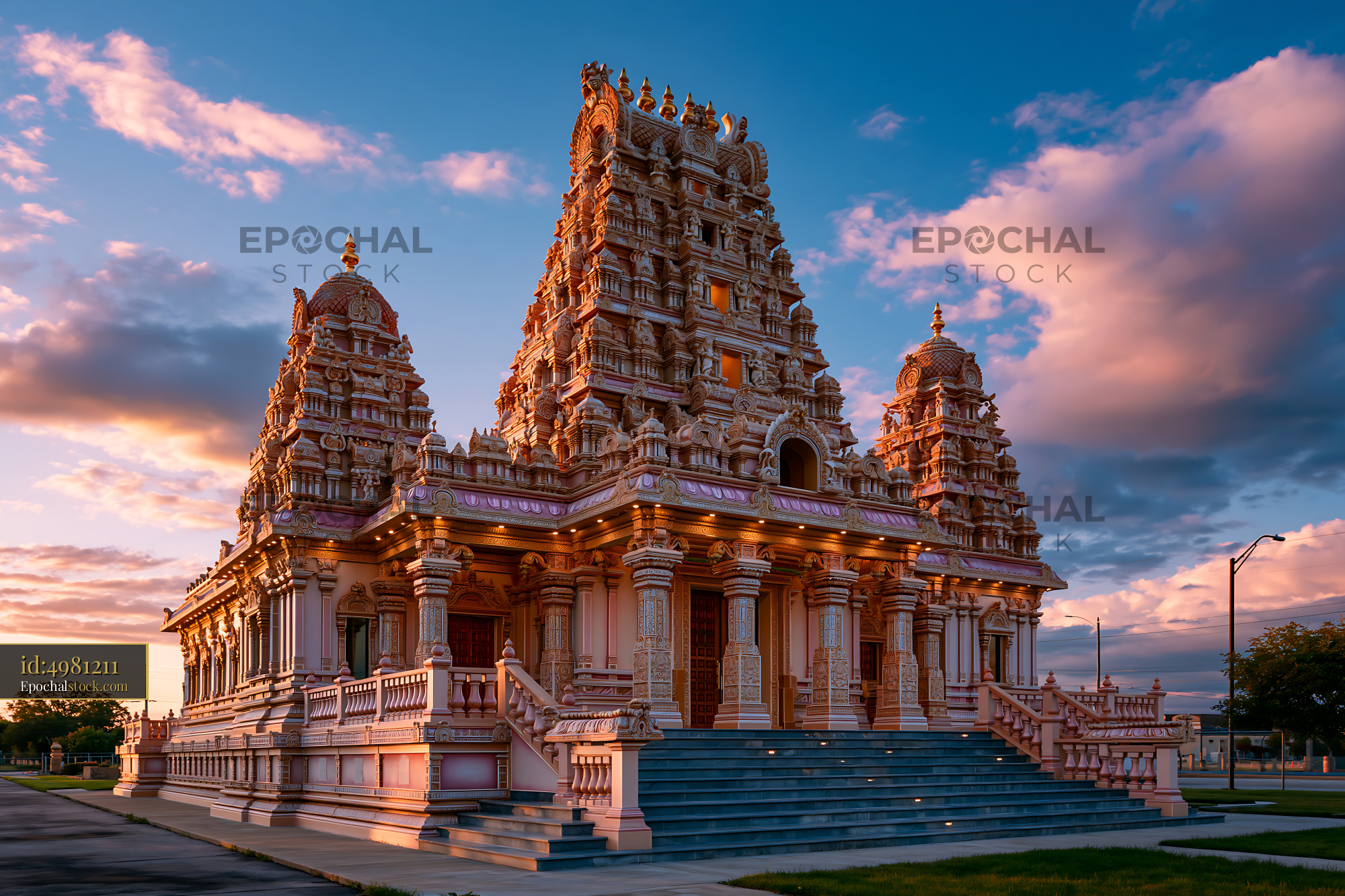 Watermarked full-resolution preview of Beautiful temple at sunset with colorful clouds in the sky