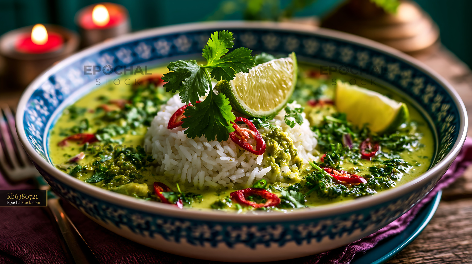 Watermarked full-resolution preview of Green curry with rice, lime, and herbs in a bowl