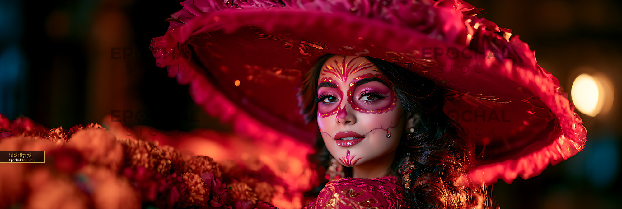 Watermarked full-resolution preview of Woman in colorful attire wearing a large hat and vibrant makeup