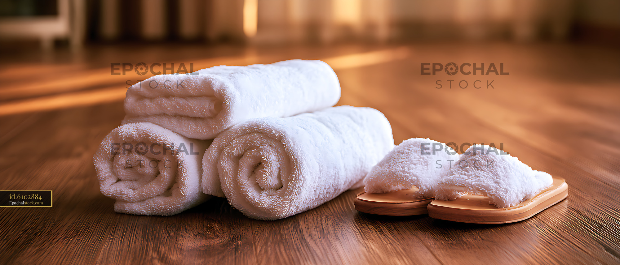 Watermarked full-resolution preview of White towels and wooden slippers in a sunlit interior