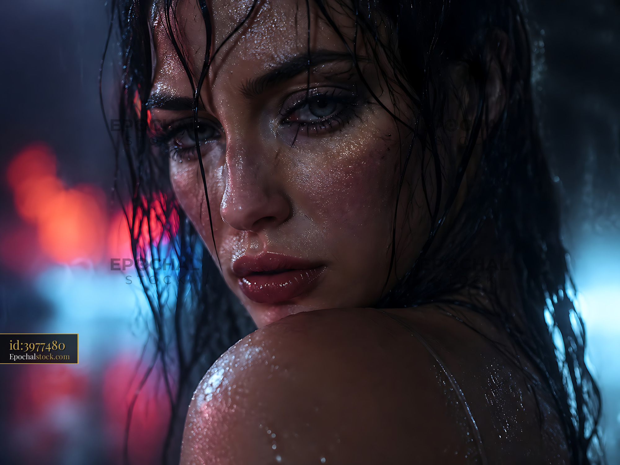Watermarked full-resolution preview of Woman with wet hair looking back at camera in neon rain