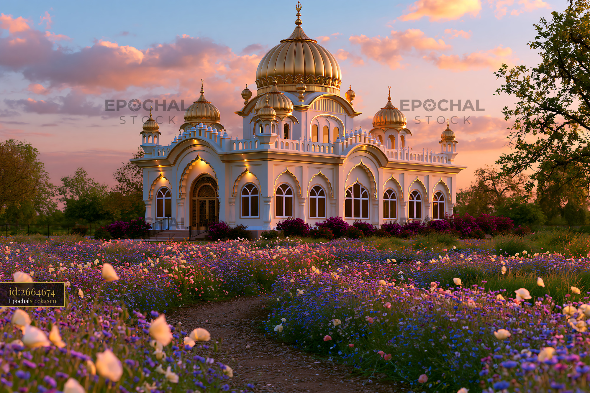 Watermarked full-resolution preview of Sunset view of a palace surrounded by flowers