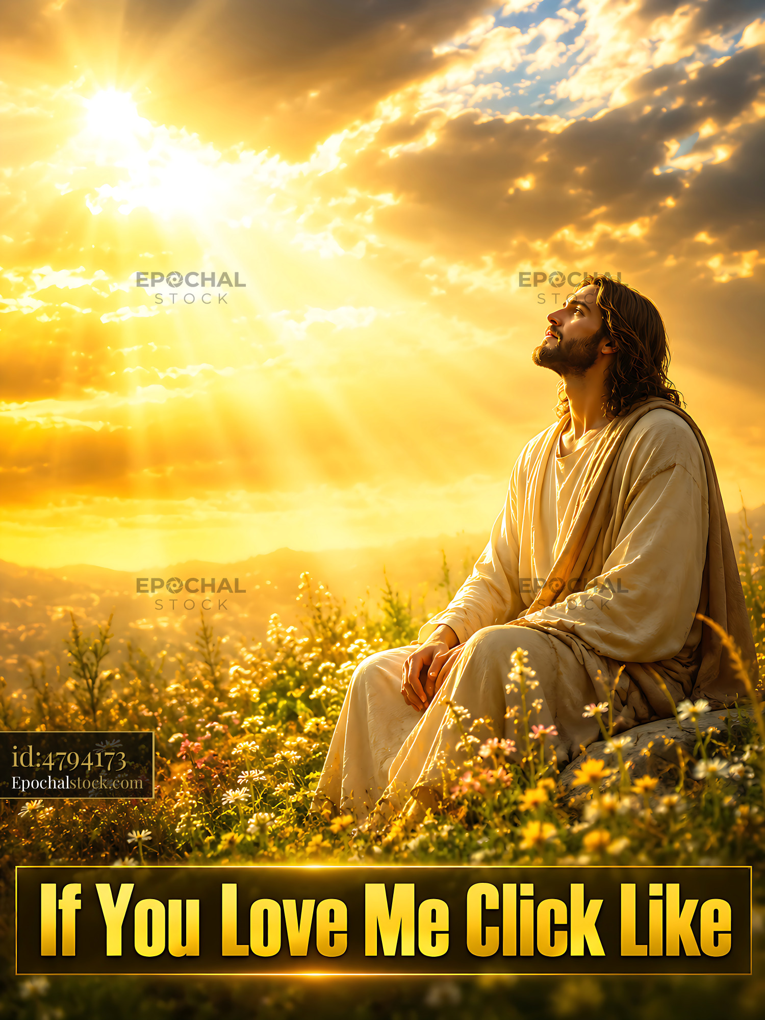 Watermarked full-resolution preview of Jesus in a field during sunset